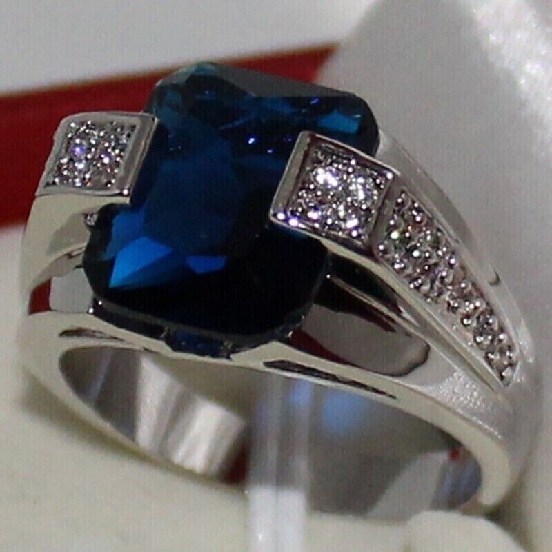 2Ct Emerald Cut Lab Created Sapphire Solitaire Men’s Ring 14K White Gold Plated