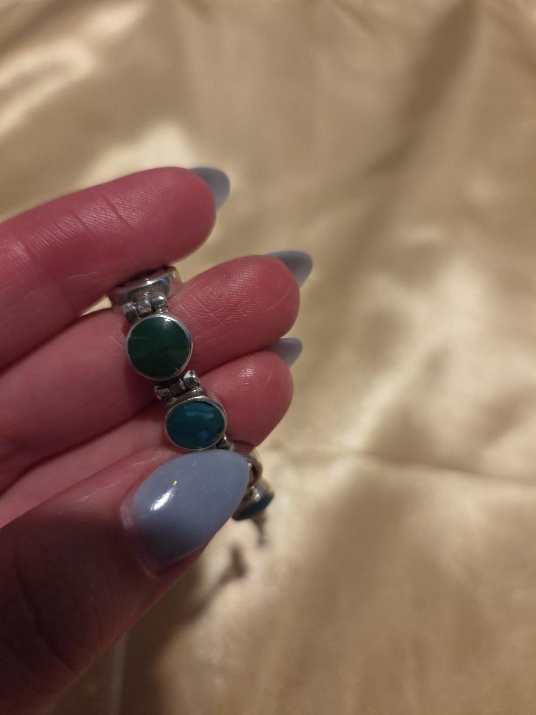 Vintage Peruvian 950 Silver Artisan Bracelet Blue Green 8mm Gemstones 14g