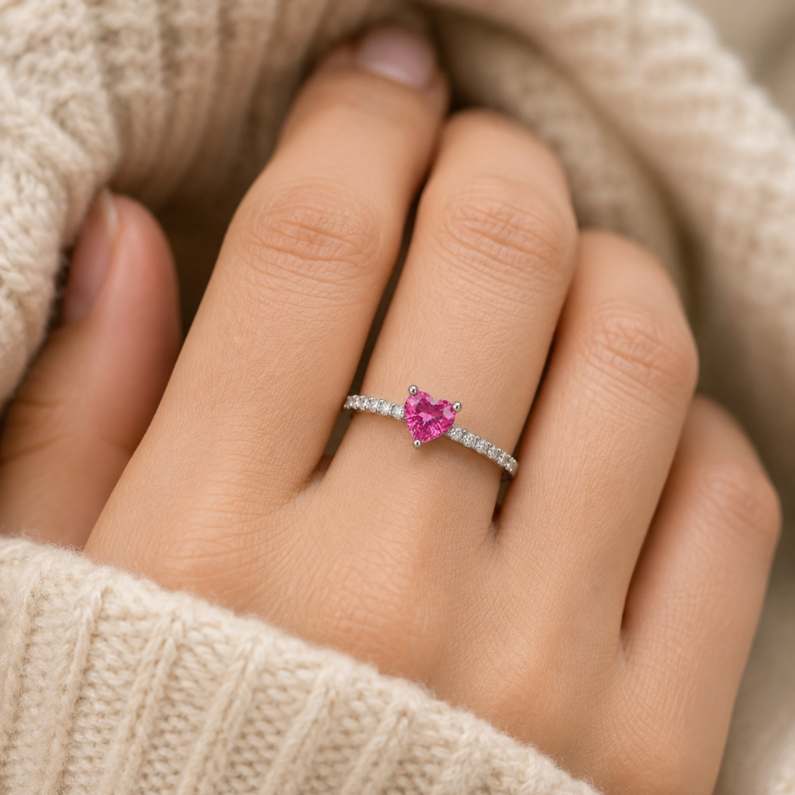 925 Sterling Silver Pink Heart Ring White Zircon Prong Set Promise Gift Ring