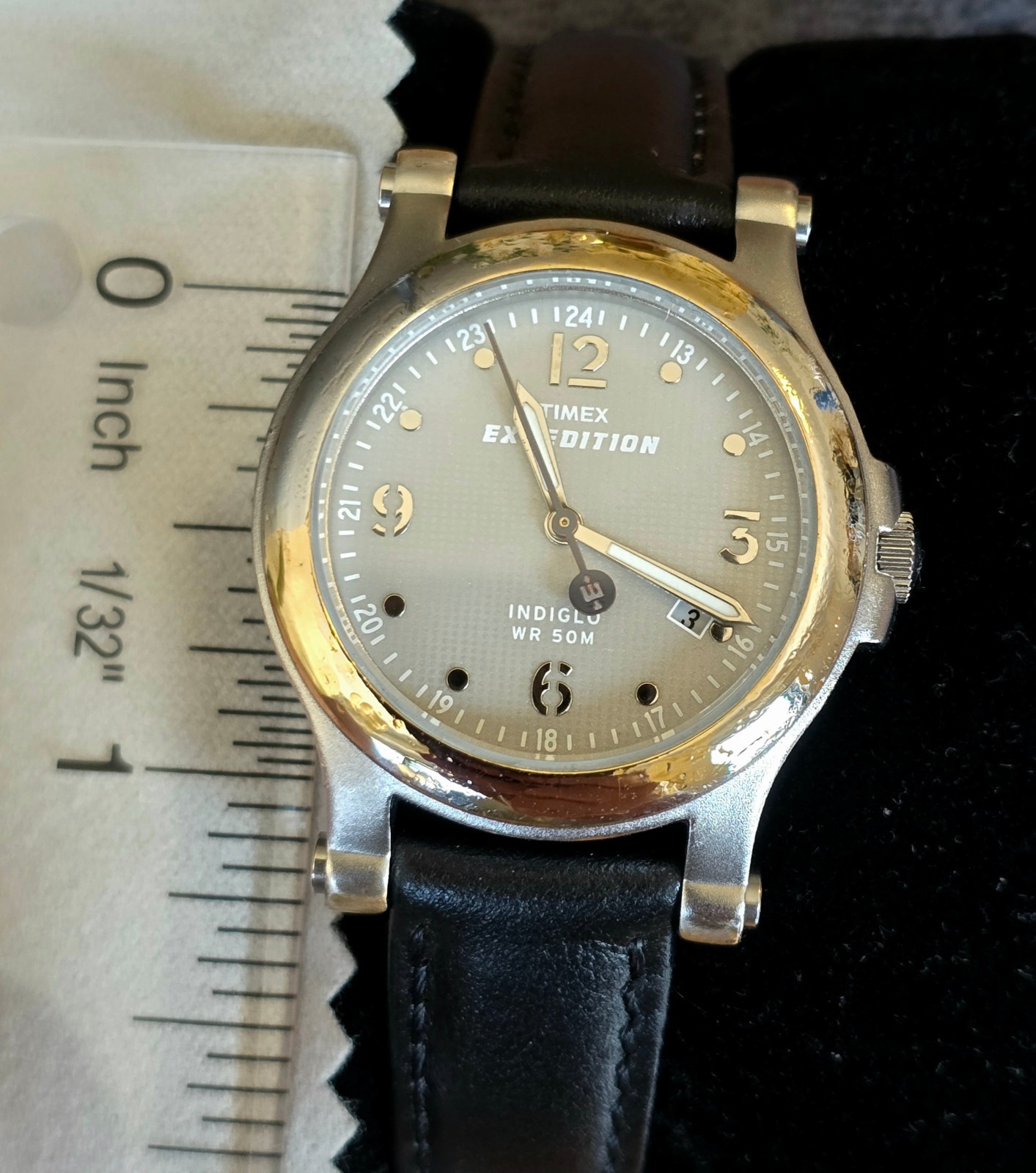 Vintage Timex Women’s Watch, Expedition, Gray Dial, Indiglo, Black Leather, 30mm