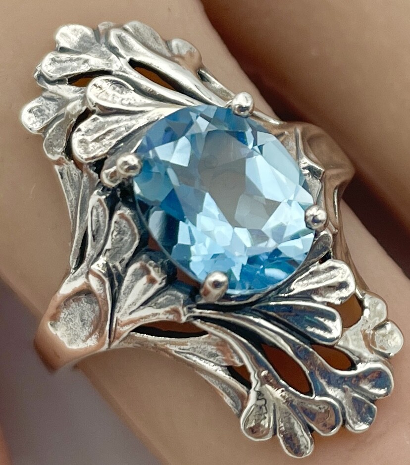 3 Ct GENUINE BLUE TOPAZ ART NOUVEAU STYLE 925 STERLING SILVER RING 915Z