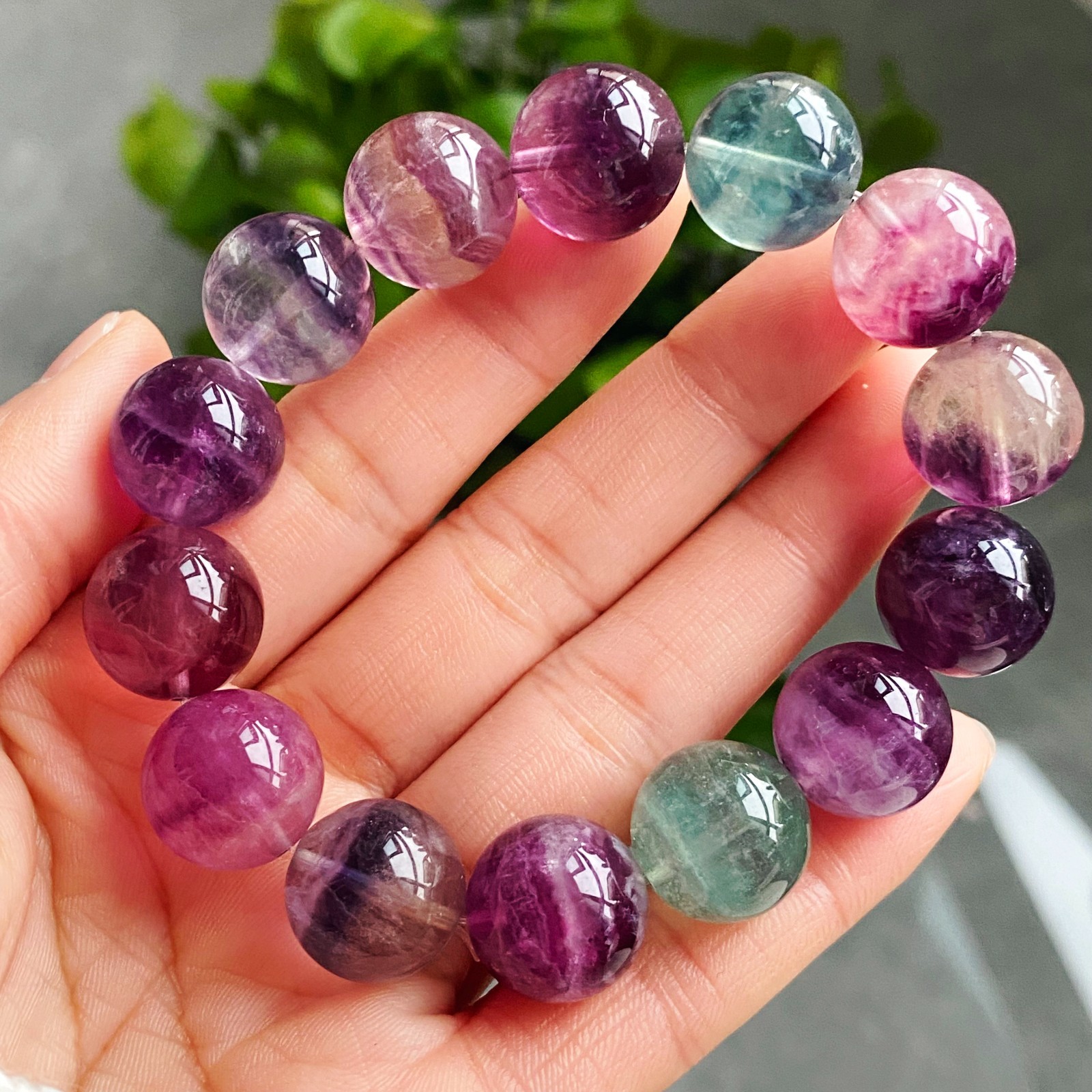 14.7mm Natural Color Fluorite Quartz Crystal Gemstone Beads Bracelet 2944