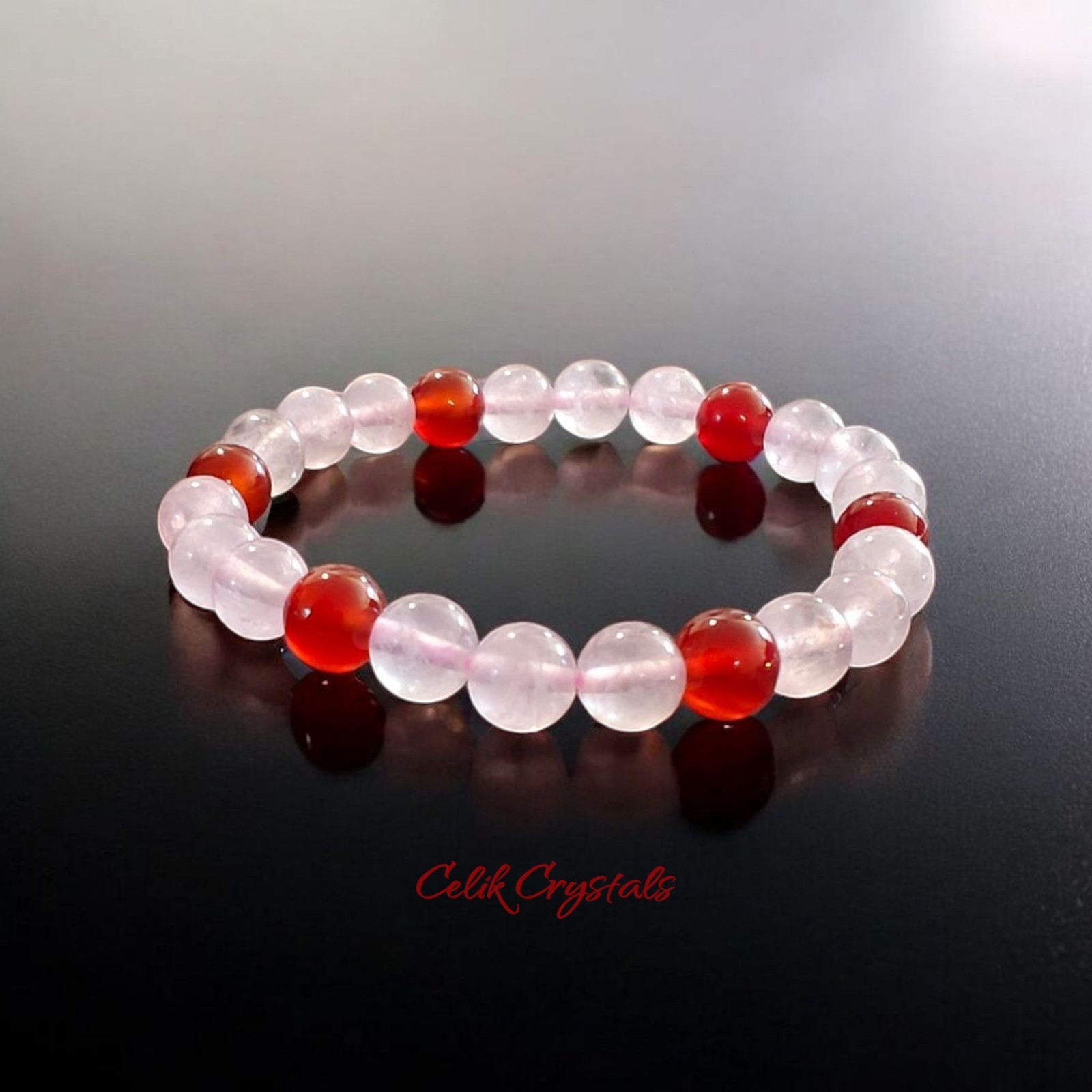 Rose Quartz & Carnelian Bracelet 2 Piece Set Natural Stones 8mm Stretches
