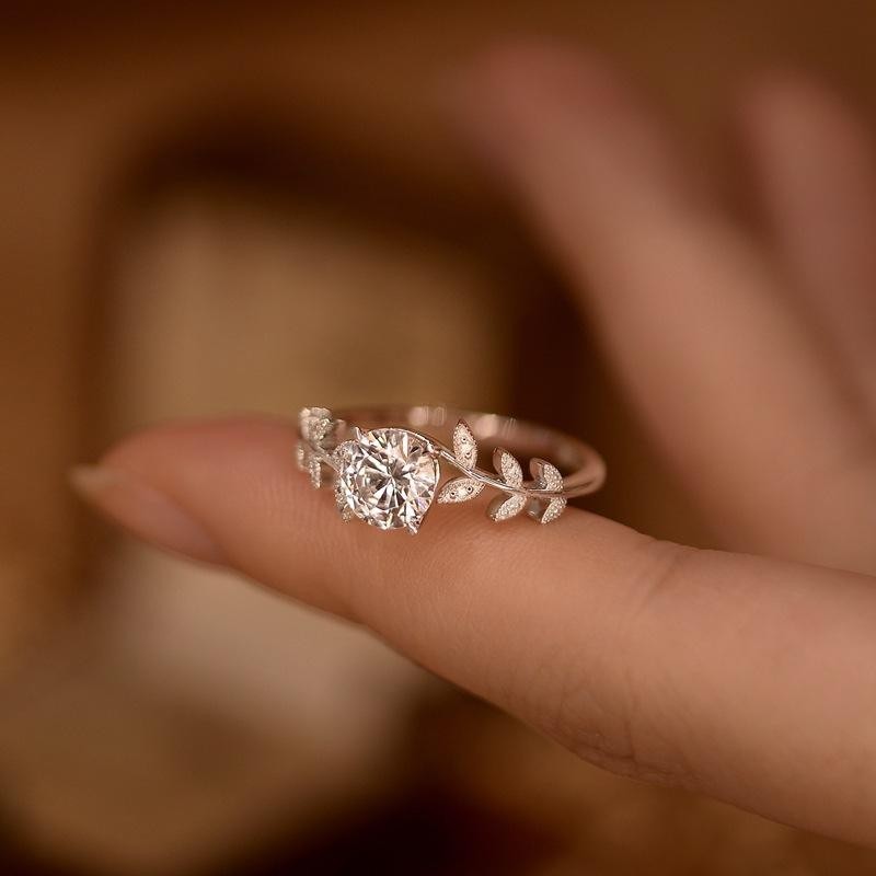 Elegant Leaf Branch Rose Gold Ring Round Shape Brilliant Stone Promise Ring Gift