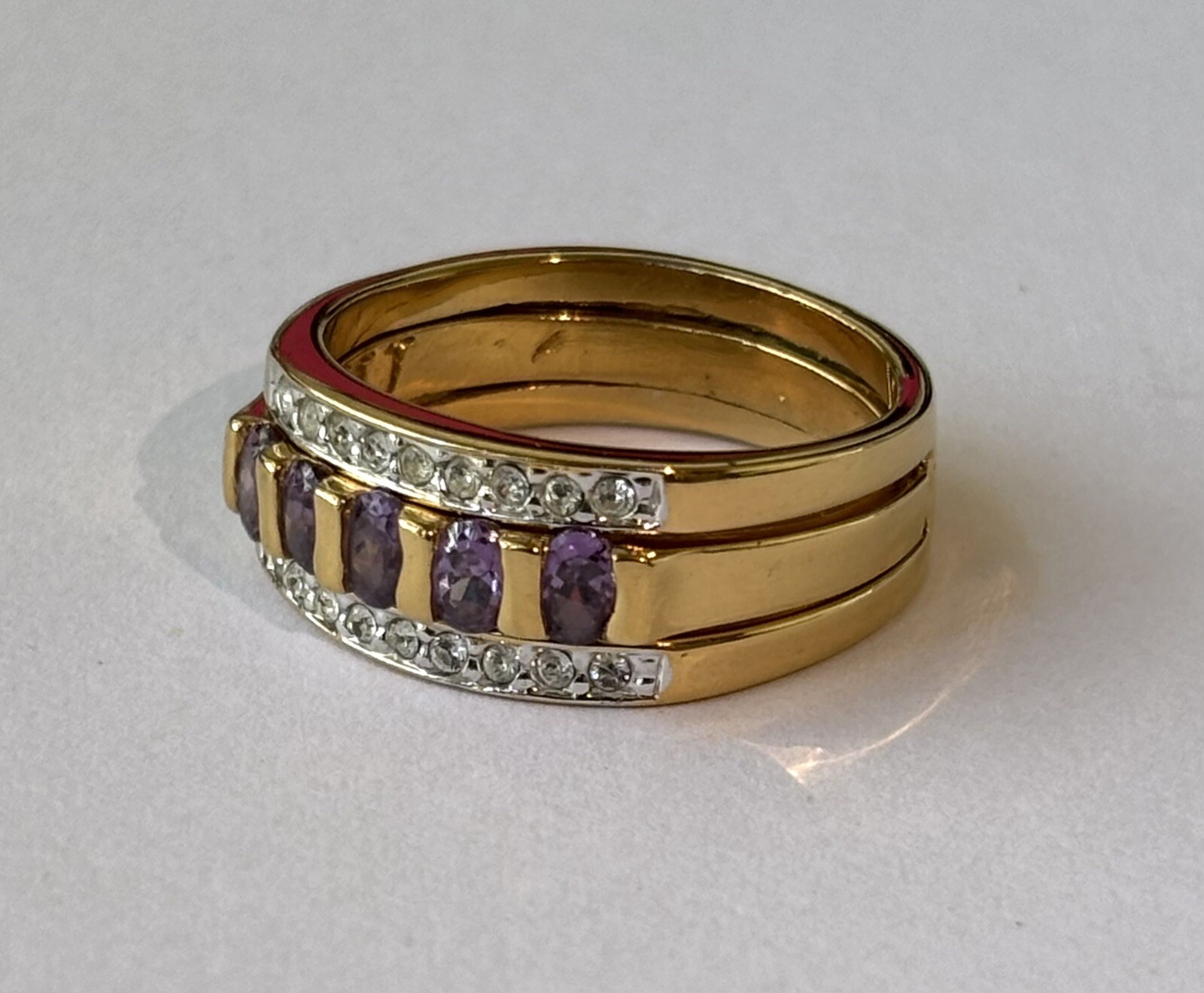 Vintage JJJ Avon Band Cocktail Woman Ring Amethyst Rhinestone Gold Tone Size 9.5