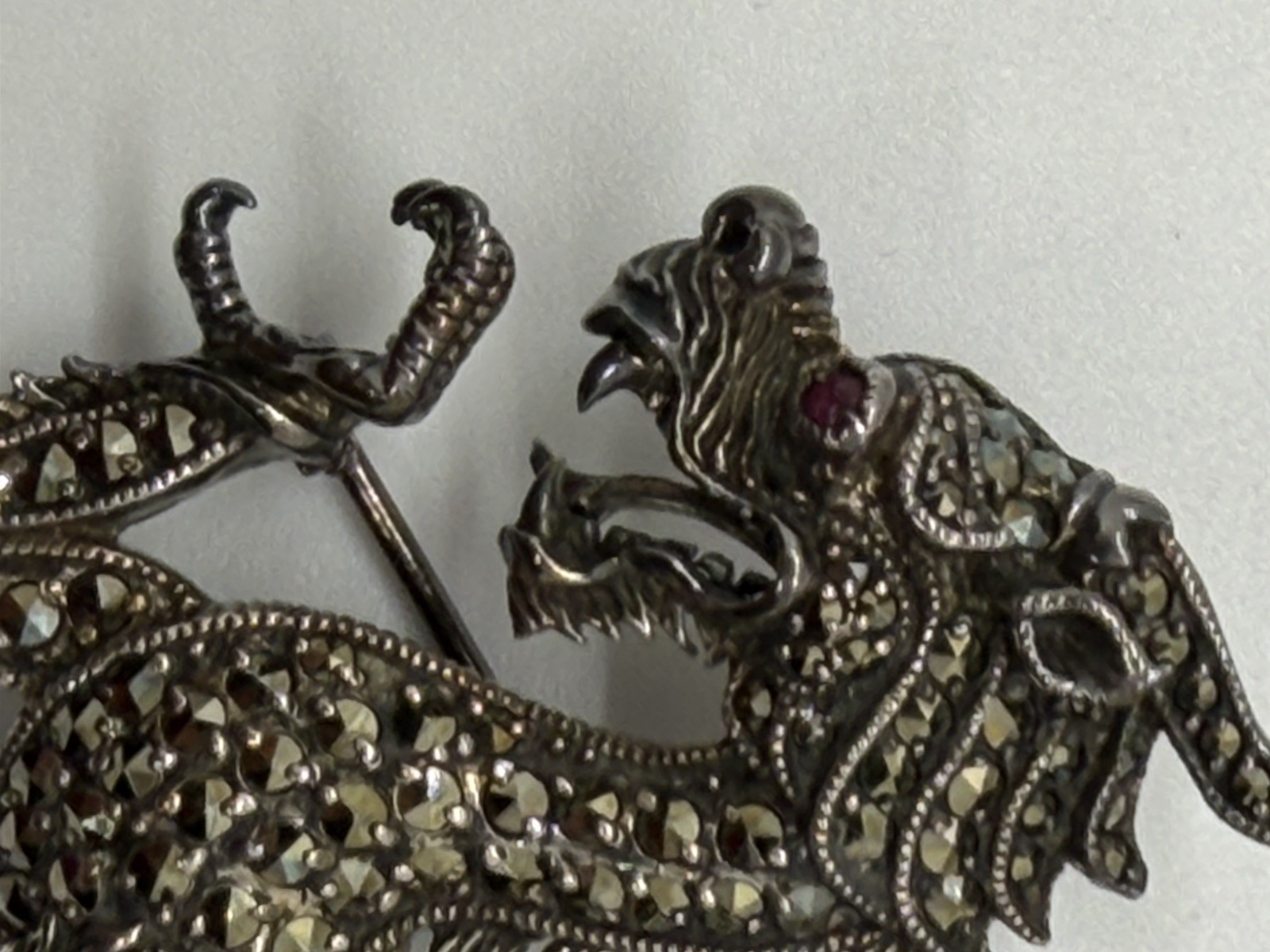Vintage 925 Sterling Silver Marcasite With Red Eye Chinese Dragon Brooch 25.5G