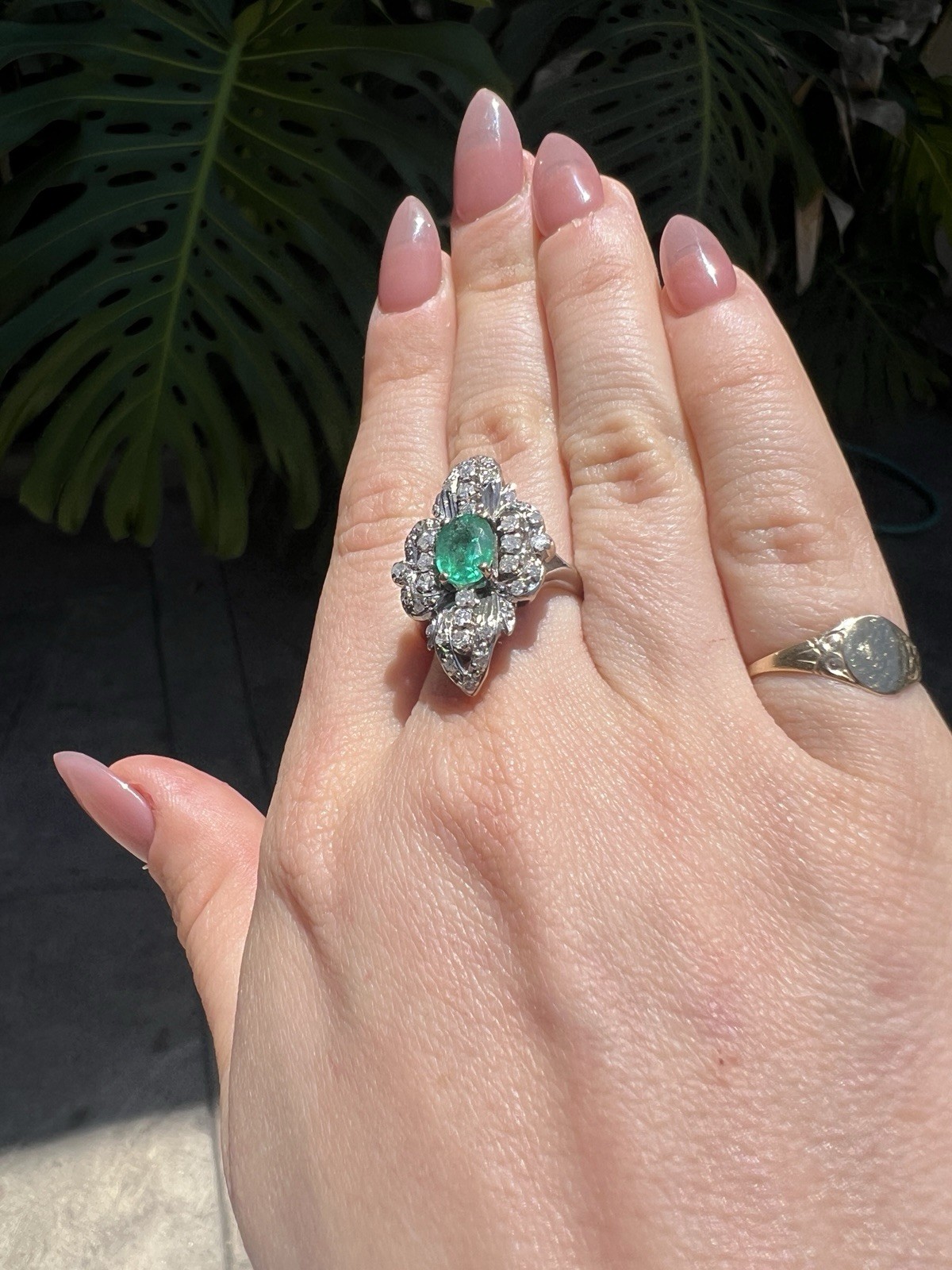 STUNNING 1ct EMERALD ring 14k white gold MANY diamonds MAY birthday ART DECO
