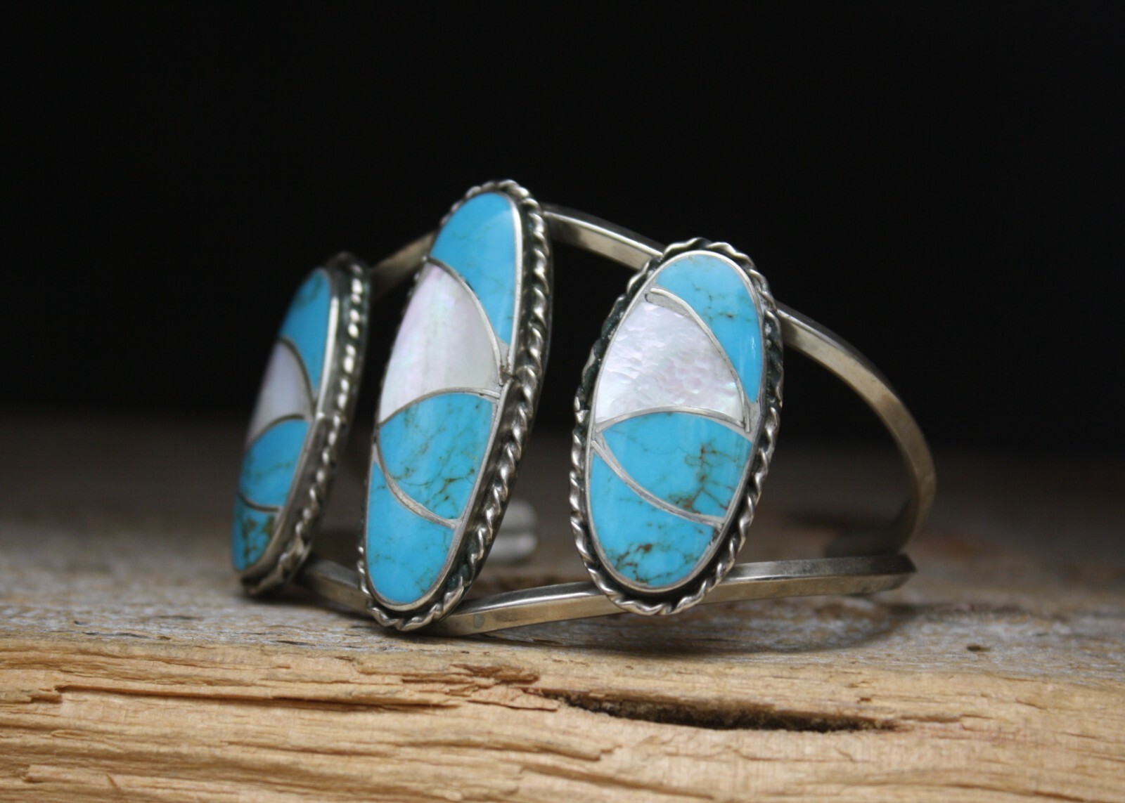 Vintage Native American Navajo Turquoise Mother of Pearl Nickle Silver Bracelet