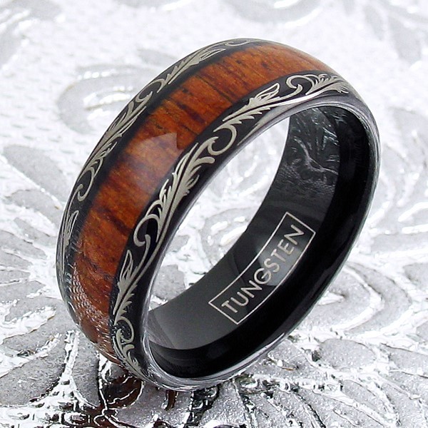 Men’s Tungsten Ring 8mm Black w/ Wood Grain Leaf Edge Wedding Band