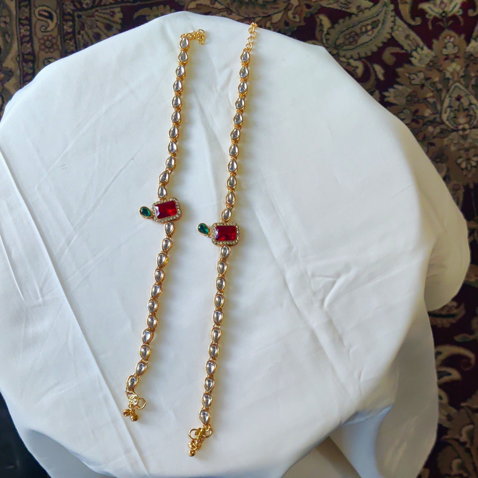 Lot of 2 Gold Tone Chain Charm anklet w/ Red Green & Clear Stones