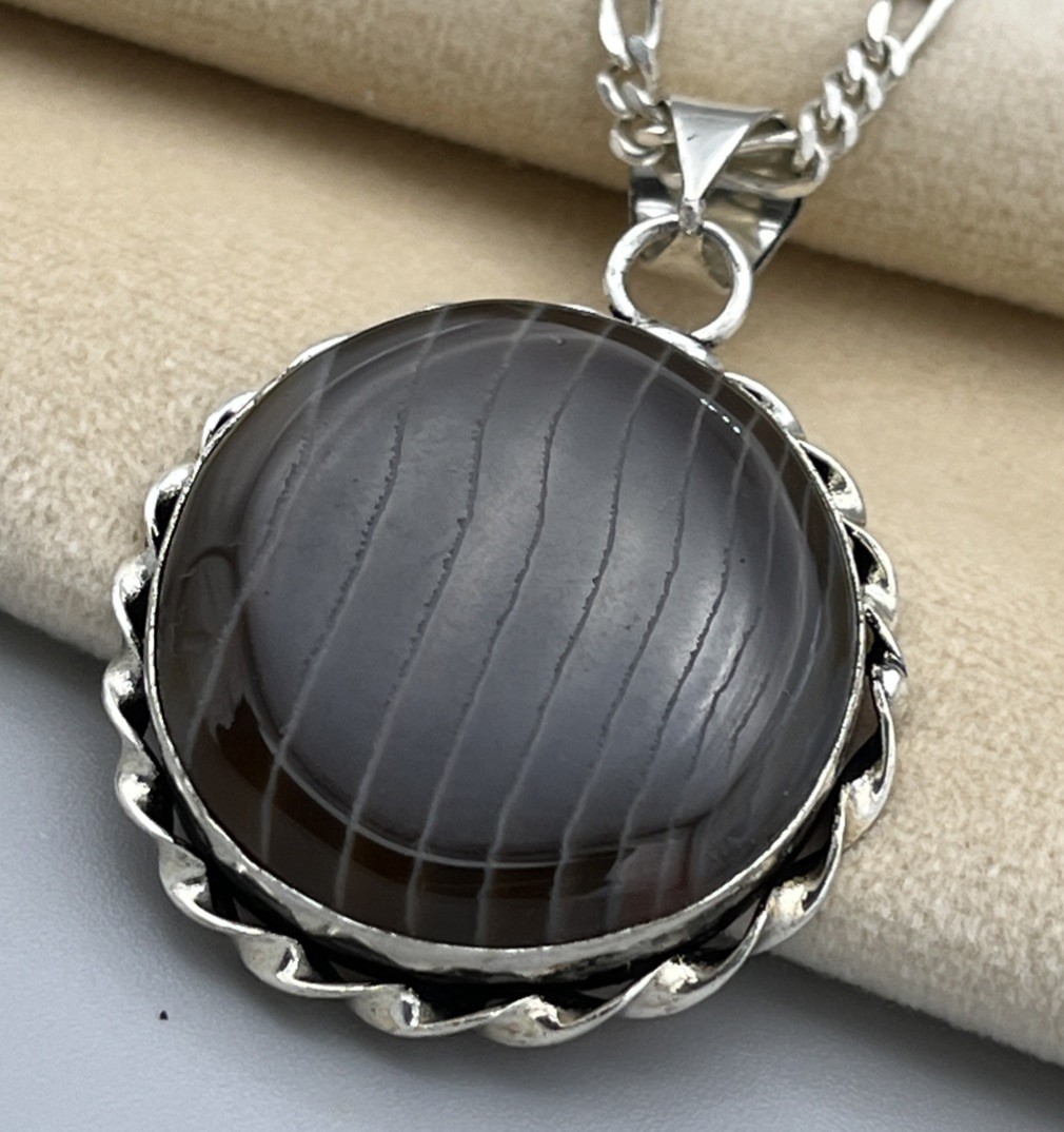 Sterling Silver Banded Agate Sardonyx Pendant Necklace 925 Italy Chain 51cm