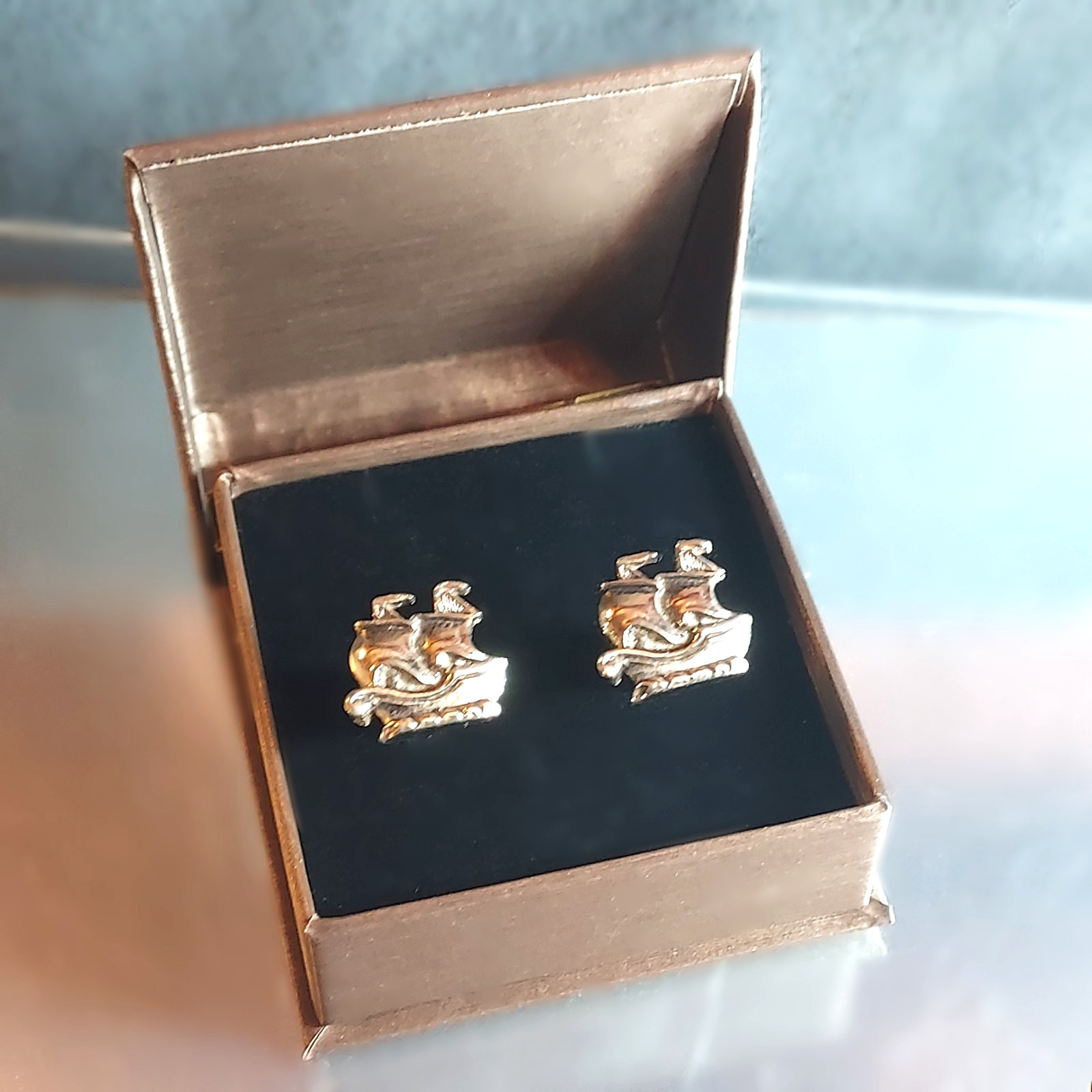 1950s Vintage Cufflinks Petite Silver & Gold Metal Nautical Celtic Viking Ships