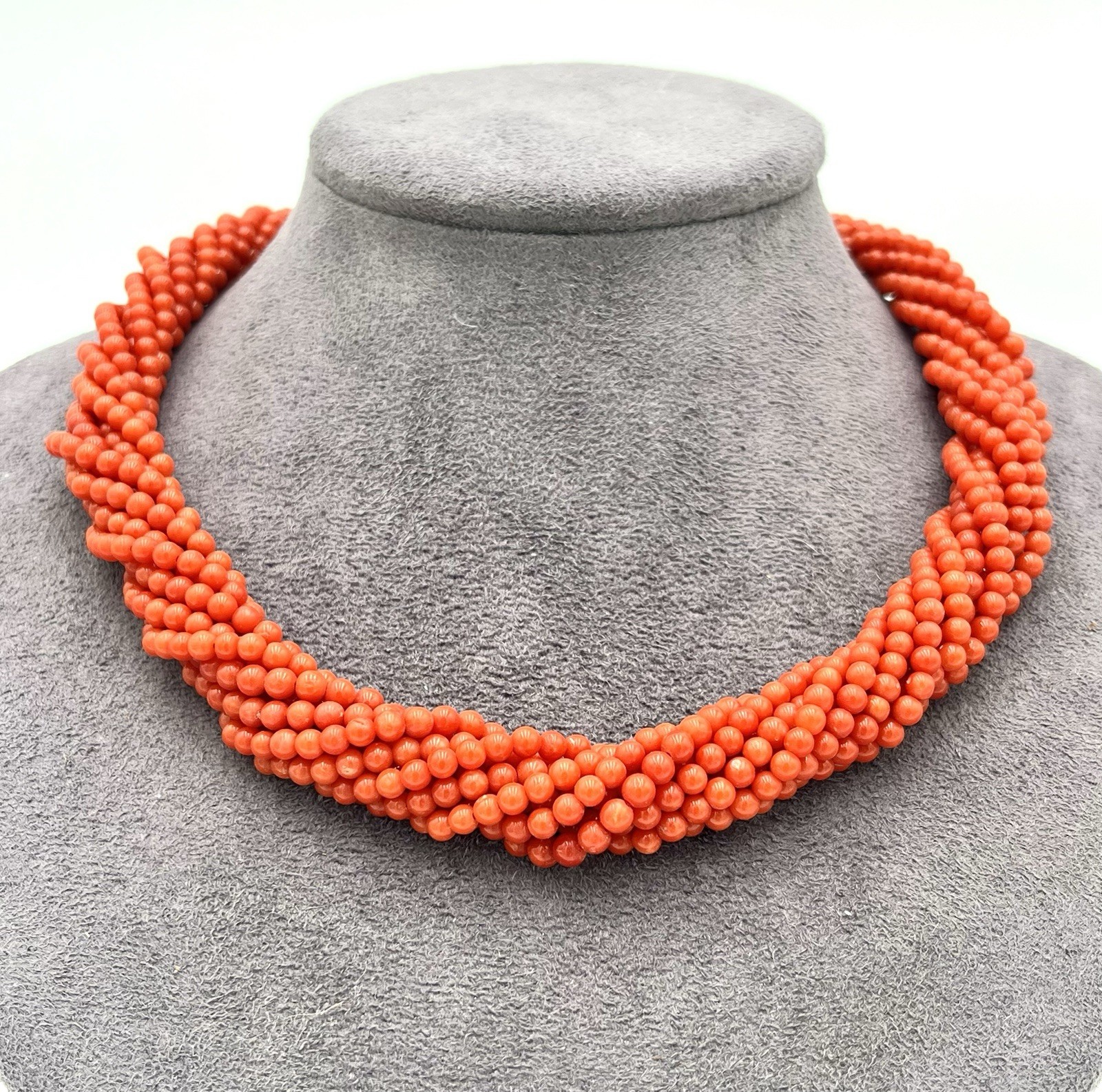 Mediterranean Red Coral Torchon Necklace 9 Strands 4mm 18kt Gold Natural Handmade