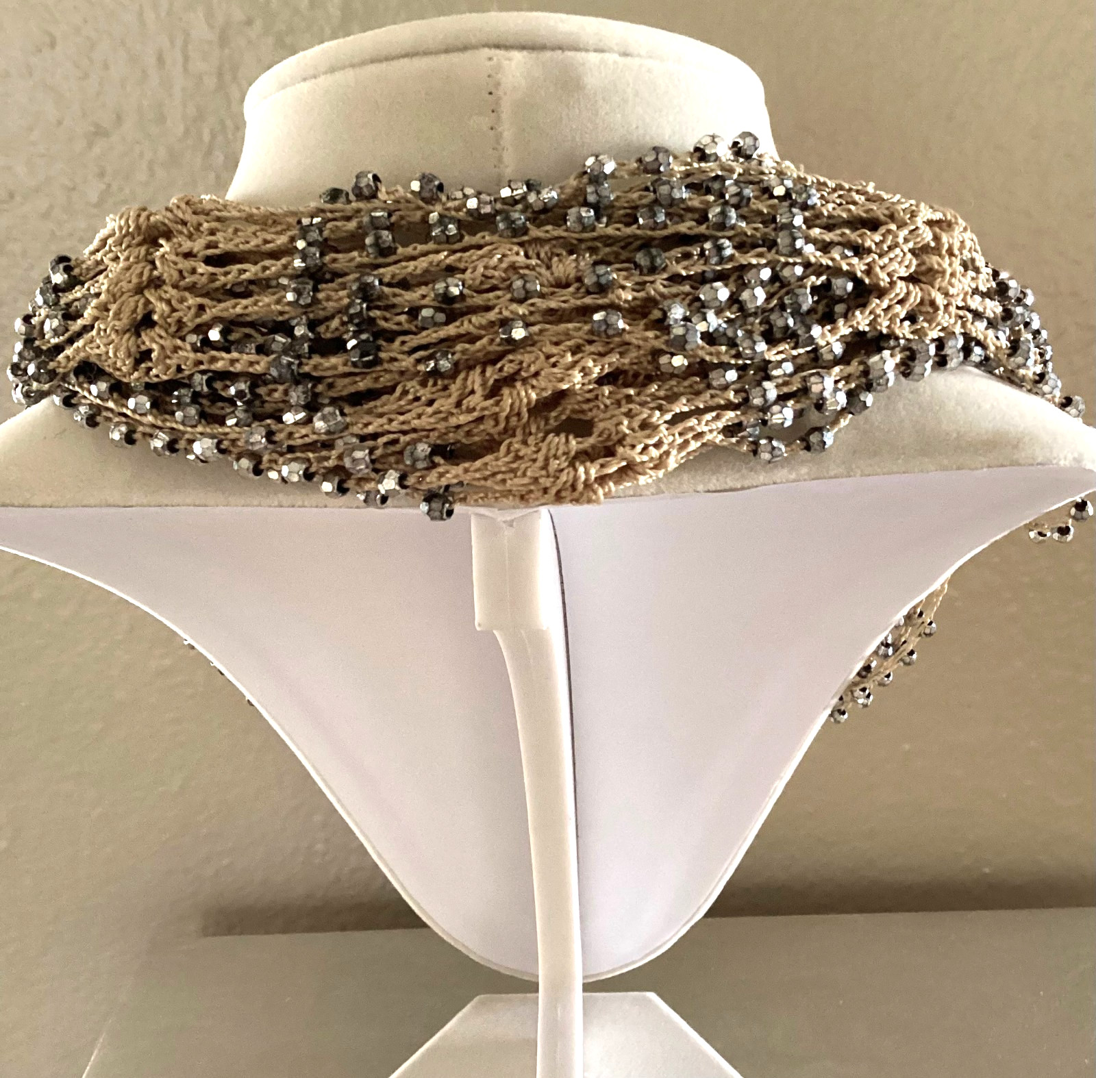 Tan crocheted necklace with silver beads, adjustable, 32 in. long