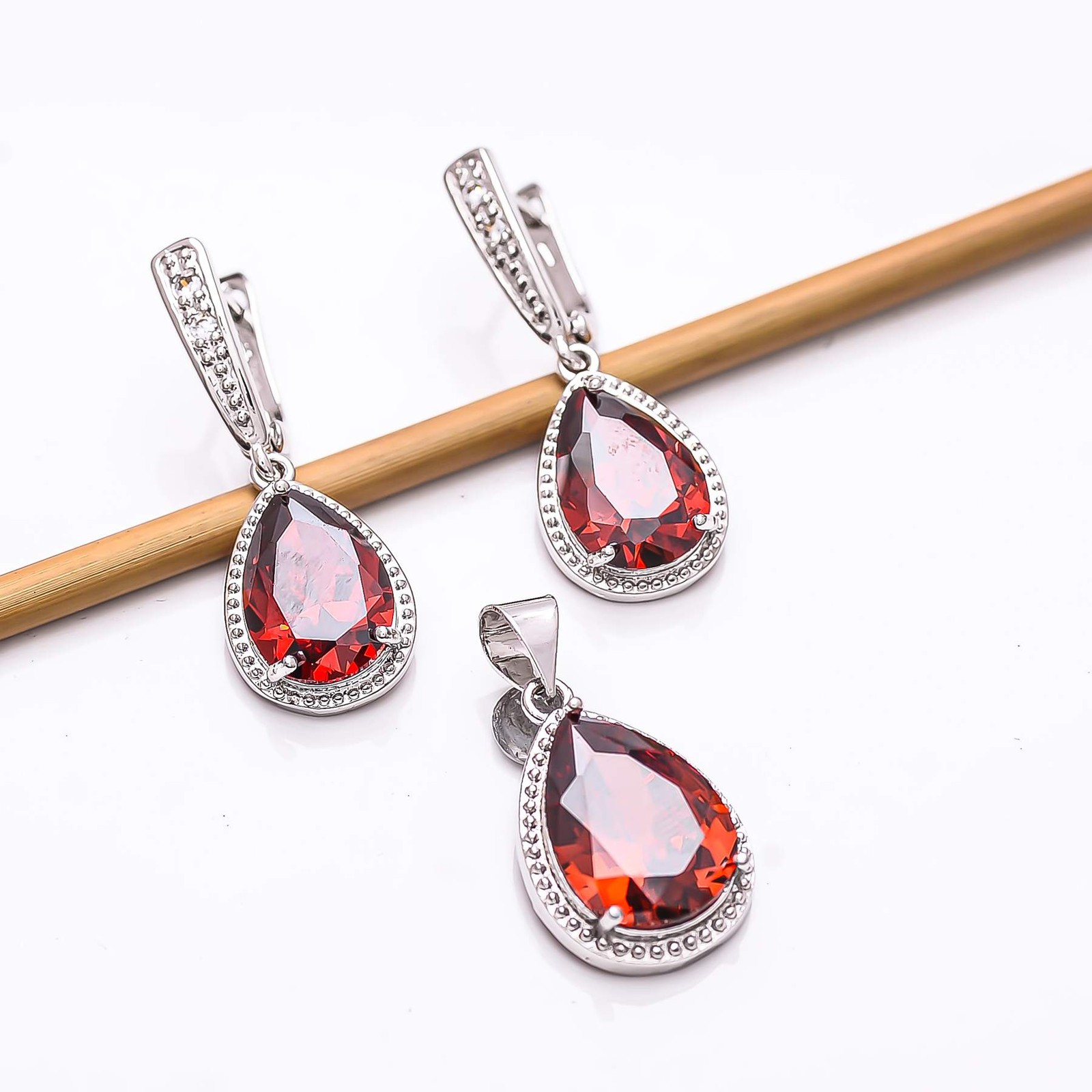 Red Garnet & CZ 925 Silver Pendant Earring Set PS8091, Christmas Gift