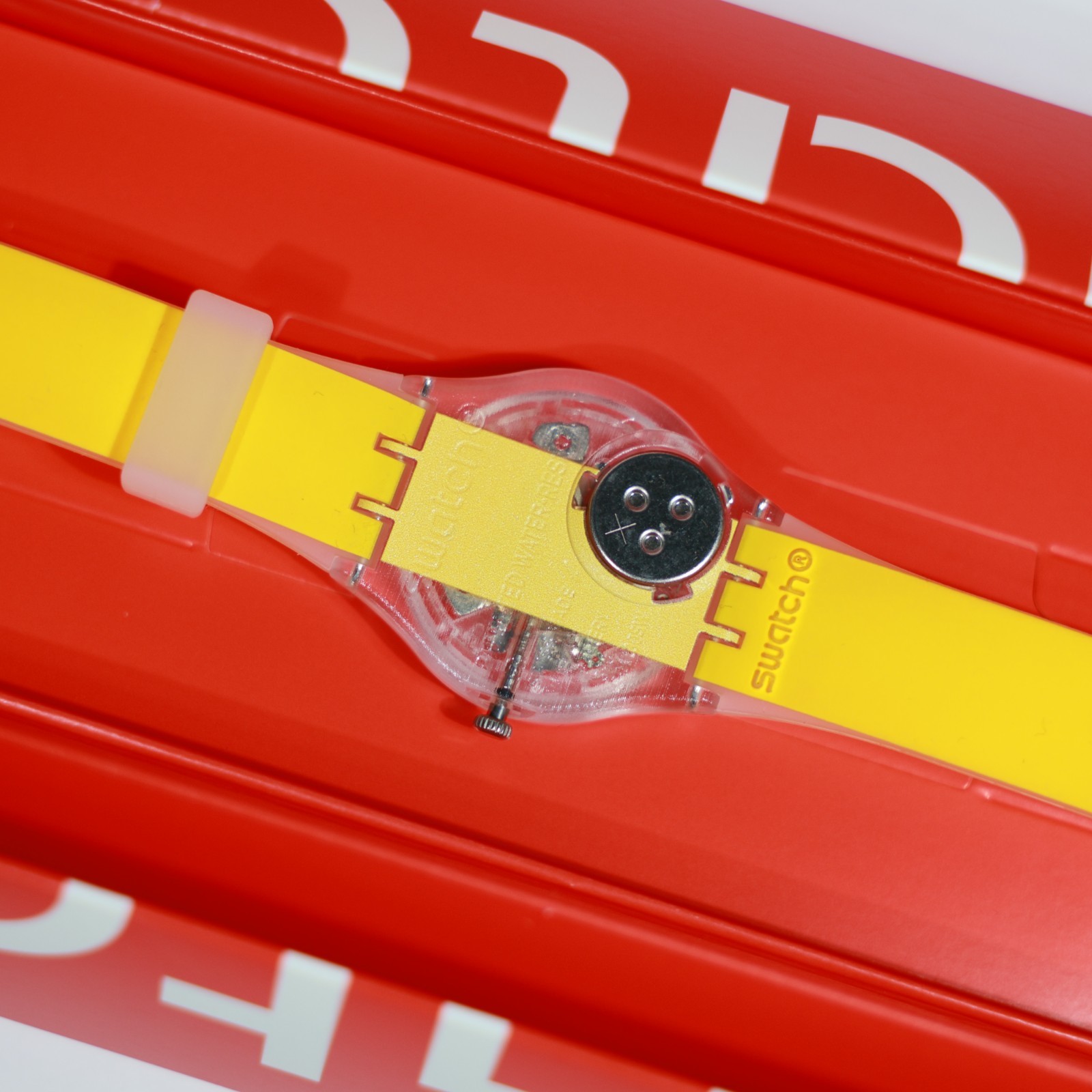New Limited Swiss Made SWATCH GE291 Clearly Yellow Striped 34MM Transparent