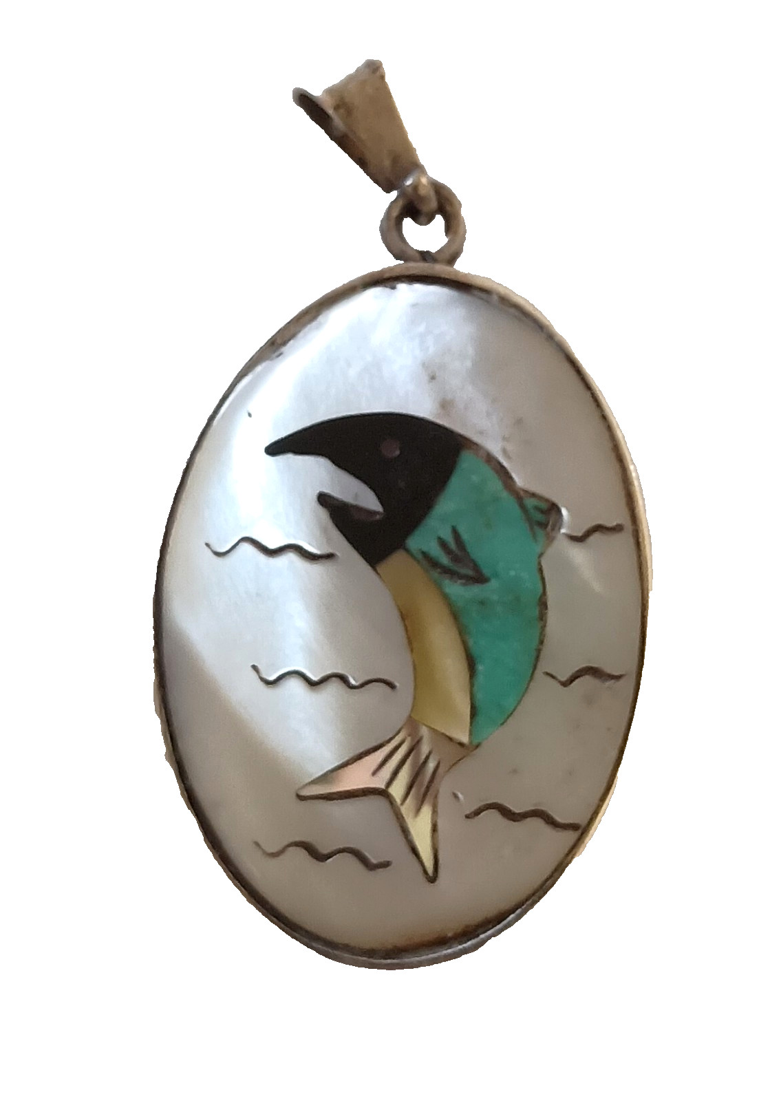 Vtg ABB Taxco MOP Turquoise Onyx Dolphin Inlay Pendant .925 SS 1970’s NOS #6F