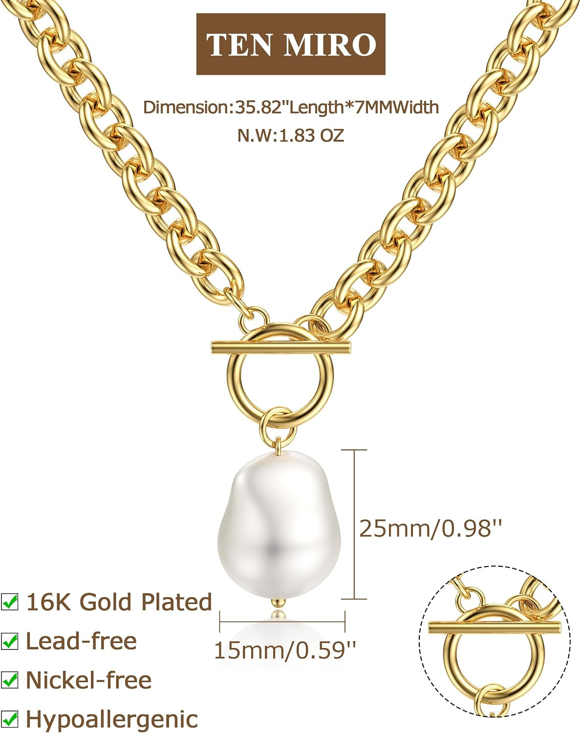 16K Gold Plated Chunky Gold Plated Necklace for Women Non Tarnish, 36” /92Cm Lo