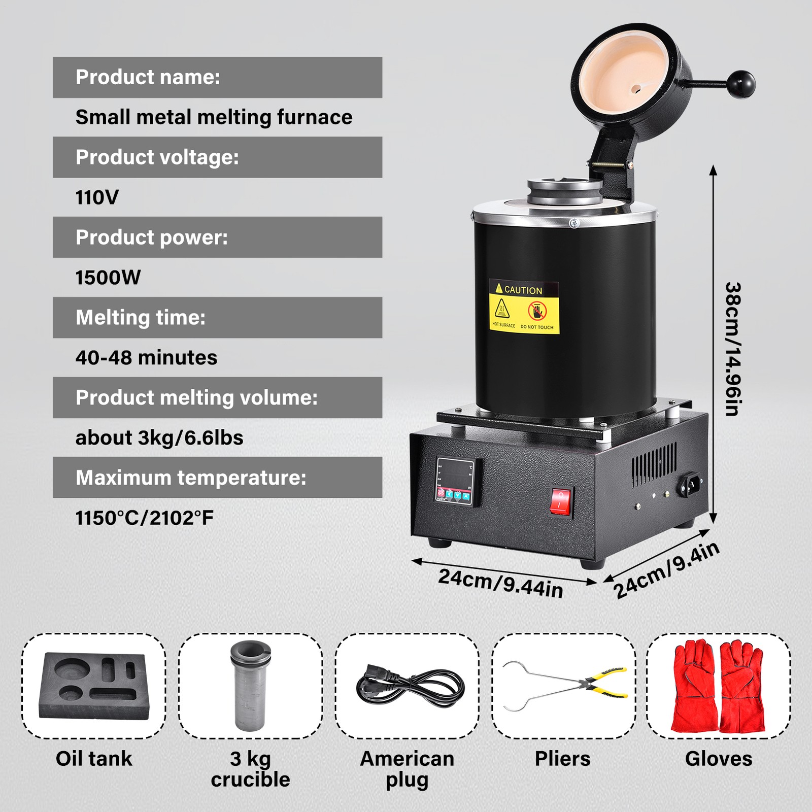 Electric Gold Melting Furnace 1500W with Digital Control and Crucibles