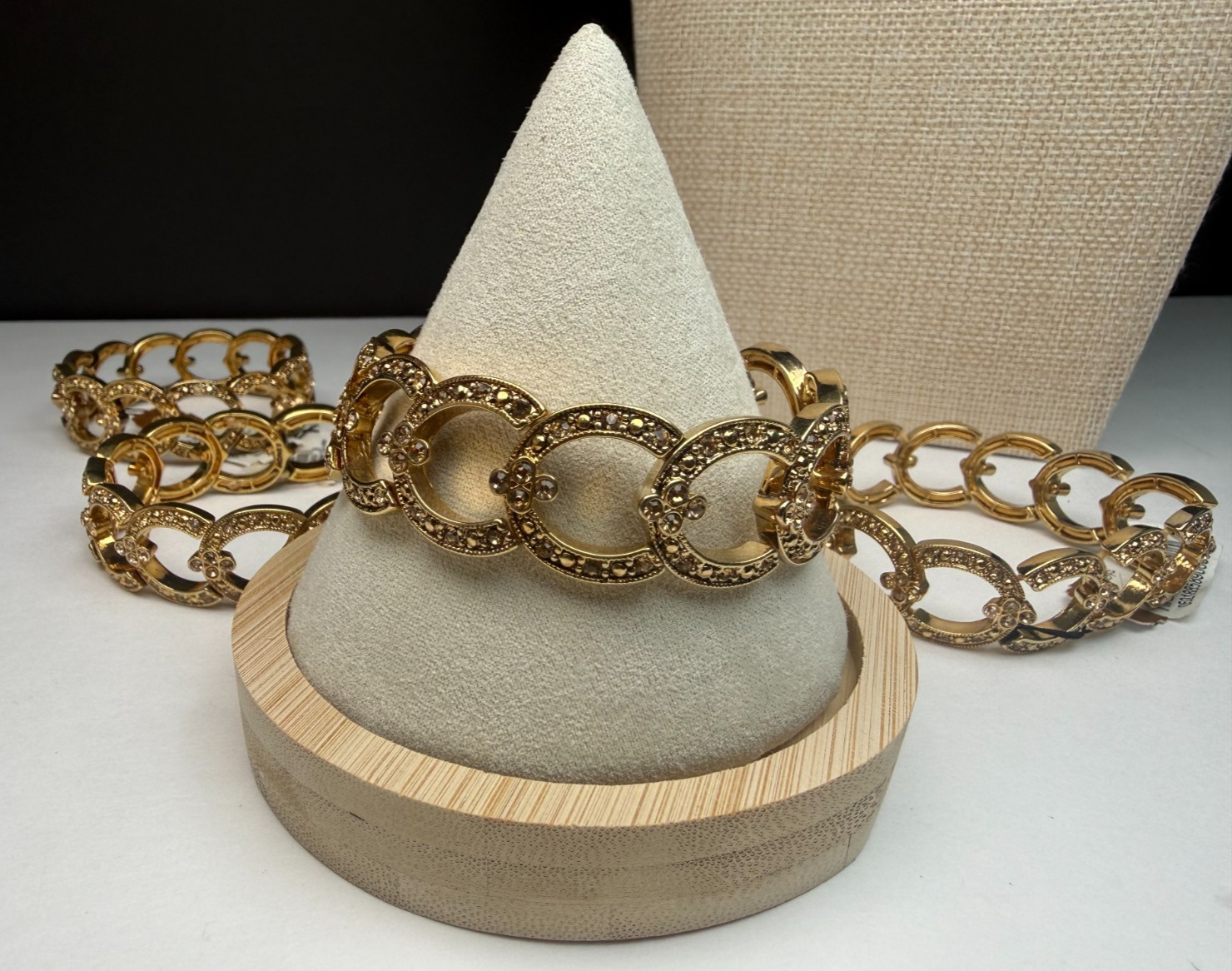 Vintage Signed Monet Horse Shoe Gold Tone Rhinestones Stretch Bracelets Lot (4)