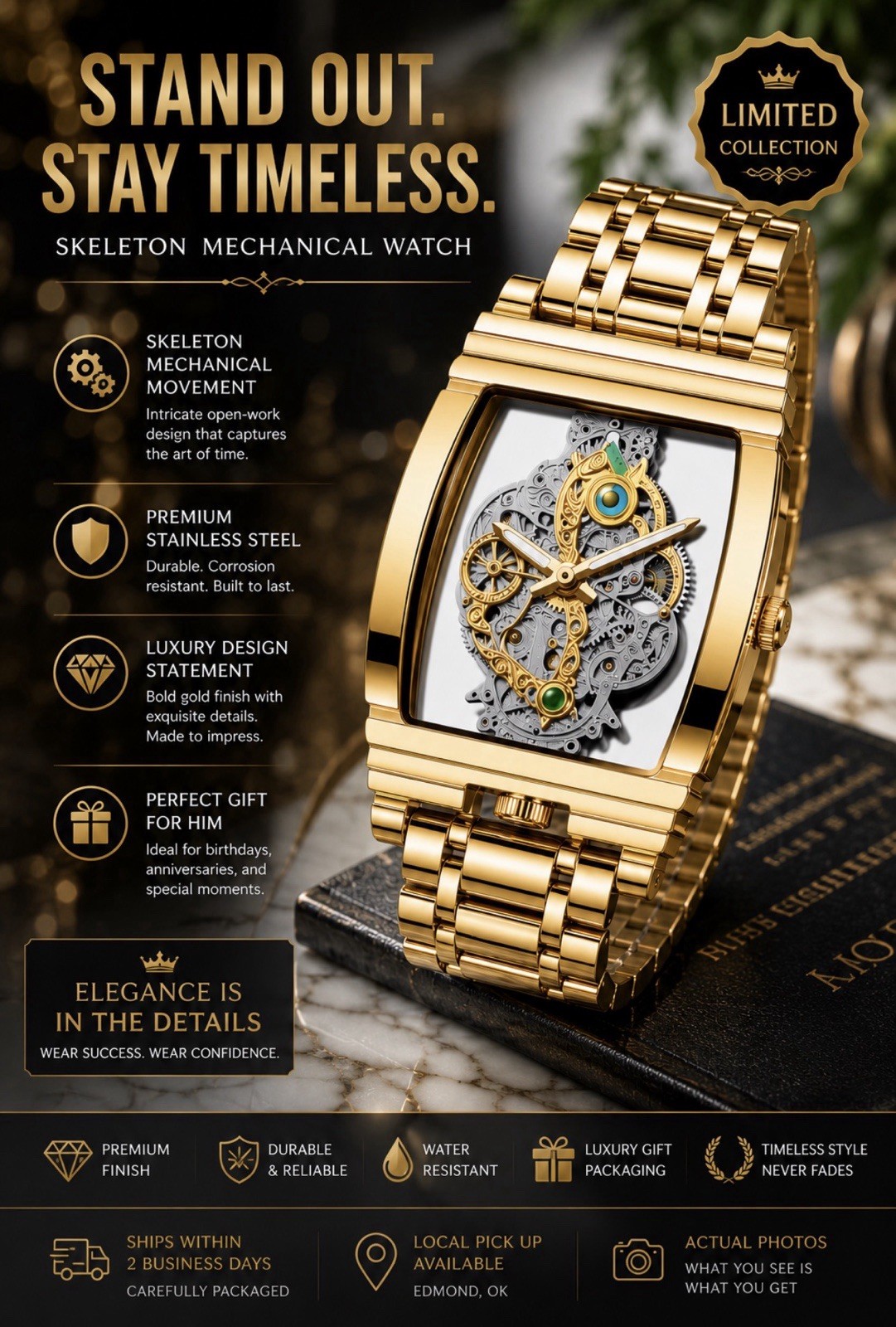 Golden Elegance Skeleton Dial Manual Mechanical Watch Gold Tone Square Bracelet