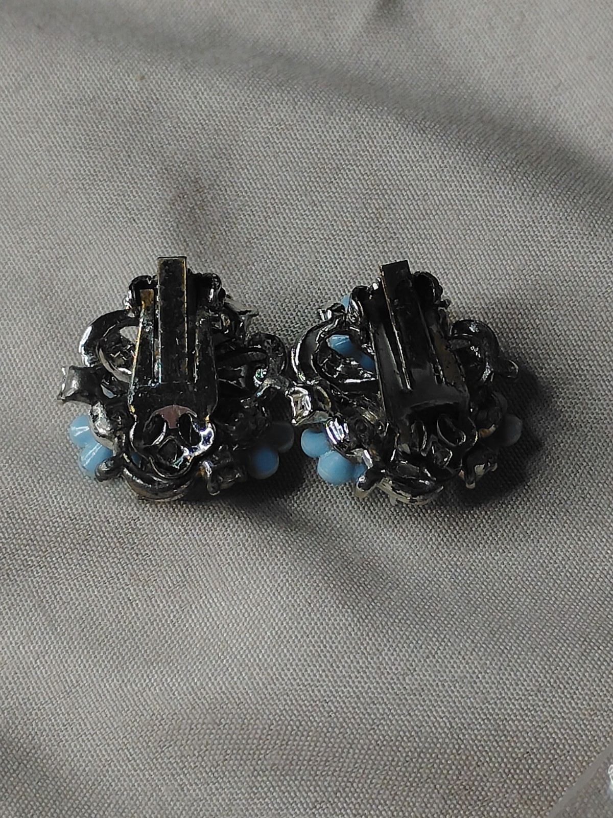 Blue Flower Cluster Clip-On Earrings Silver Tone Metal & Plastic