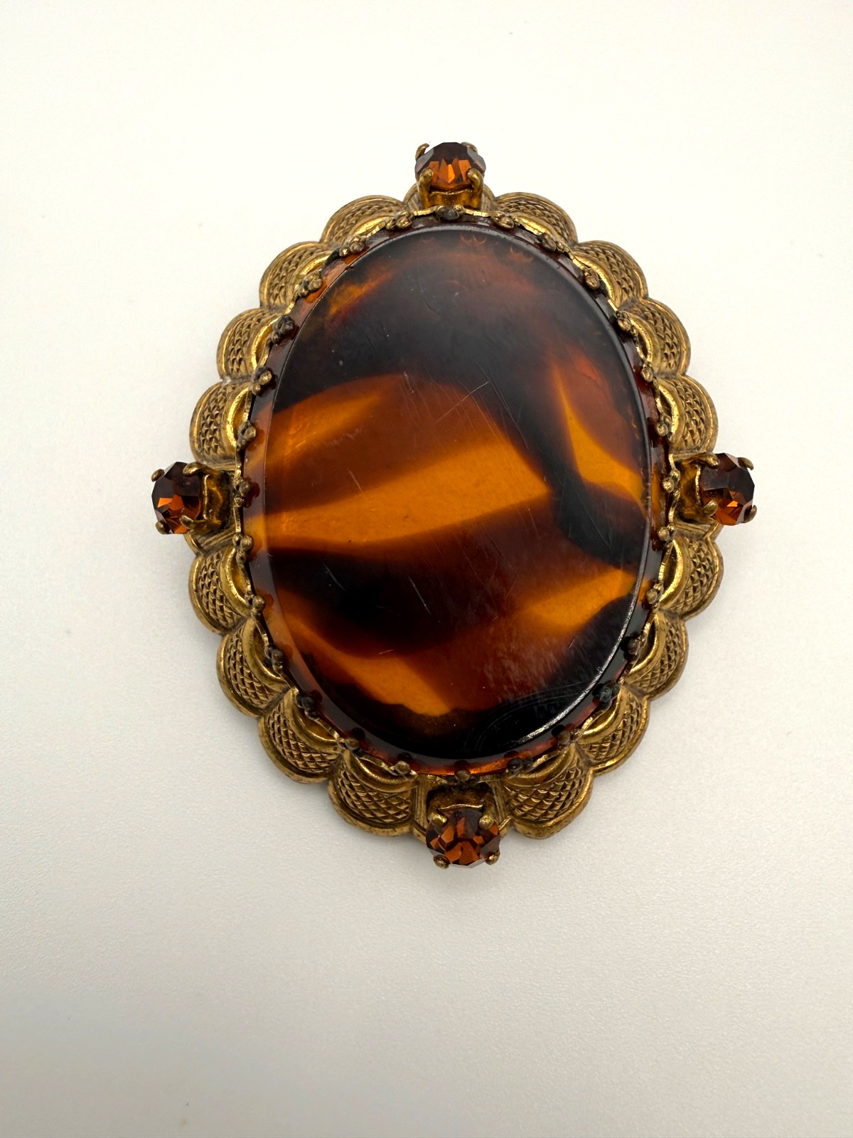 Vintage West Germany Brooch Faux Tortoiseshell Swirls Rhinestones Lucite Signed