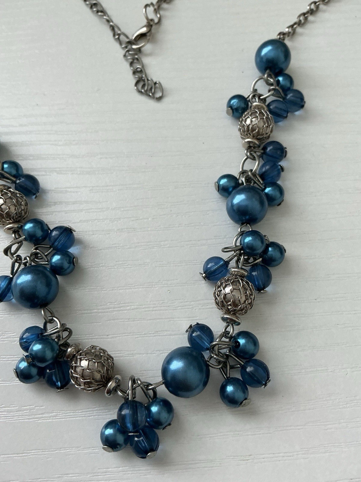 Unbr Added Silver Tone Chain With Variety Sizes Blue Gems Necklace 10” L Or 20”R