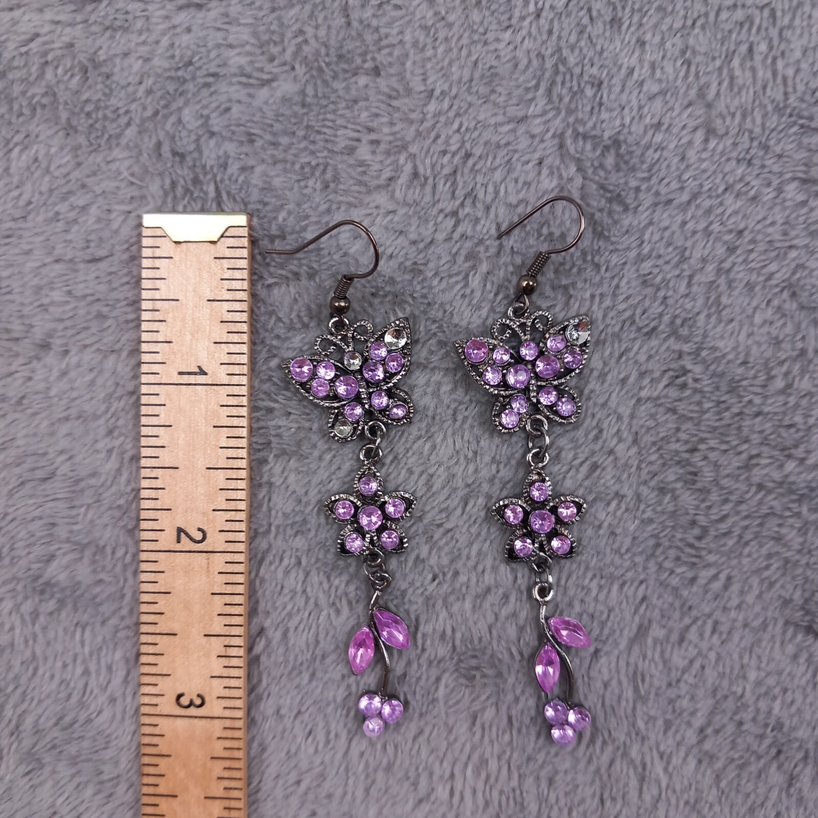 Unbranded Silver Purple Rhinestone Butterfly Floral Drop Earrings Y2K One Size