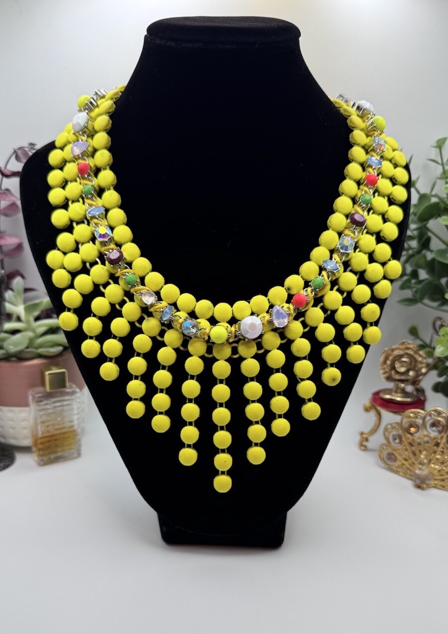 Extravagant Necklace Bib Yellow Bubble Gum Beads And Rhinestone Signed INC