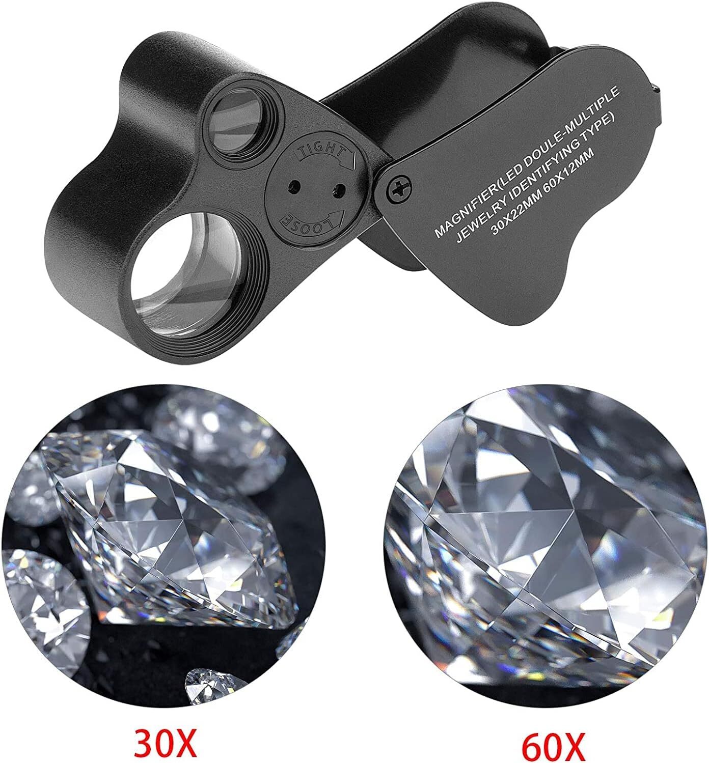 2pcs Magnifying Glass w/ Light,30X 60X 90X Jewelers Magnification-20 Backup Batt