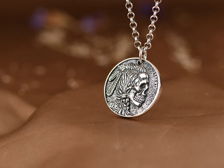 S925 Sterling Silver Indian Skull Headdress with Gold Fish Ball Charm Pendant