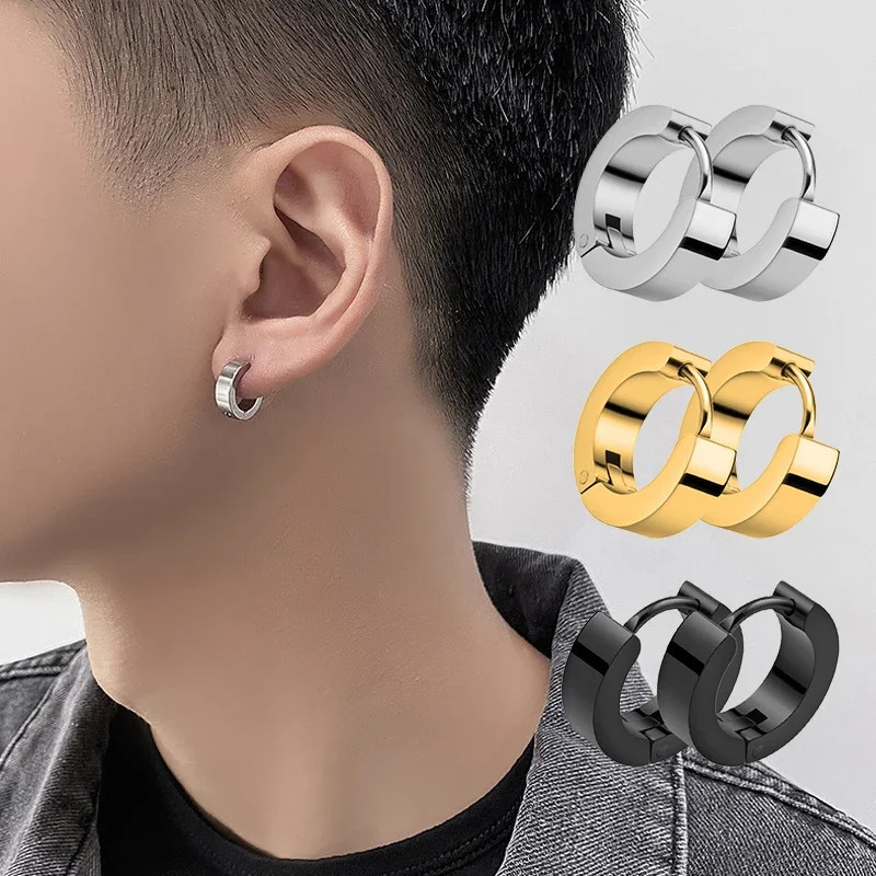 Black Hoop Earrings Stainless Steel Punk Gothic Smooth Circle Unisex Jewelry