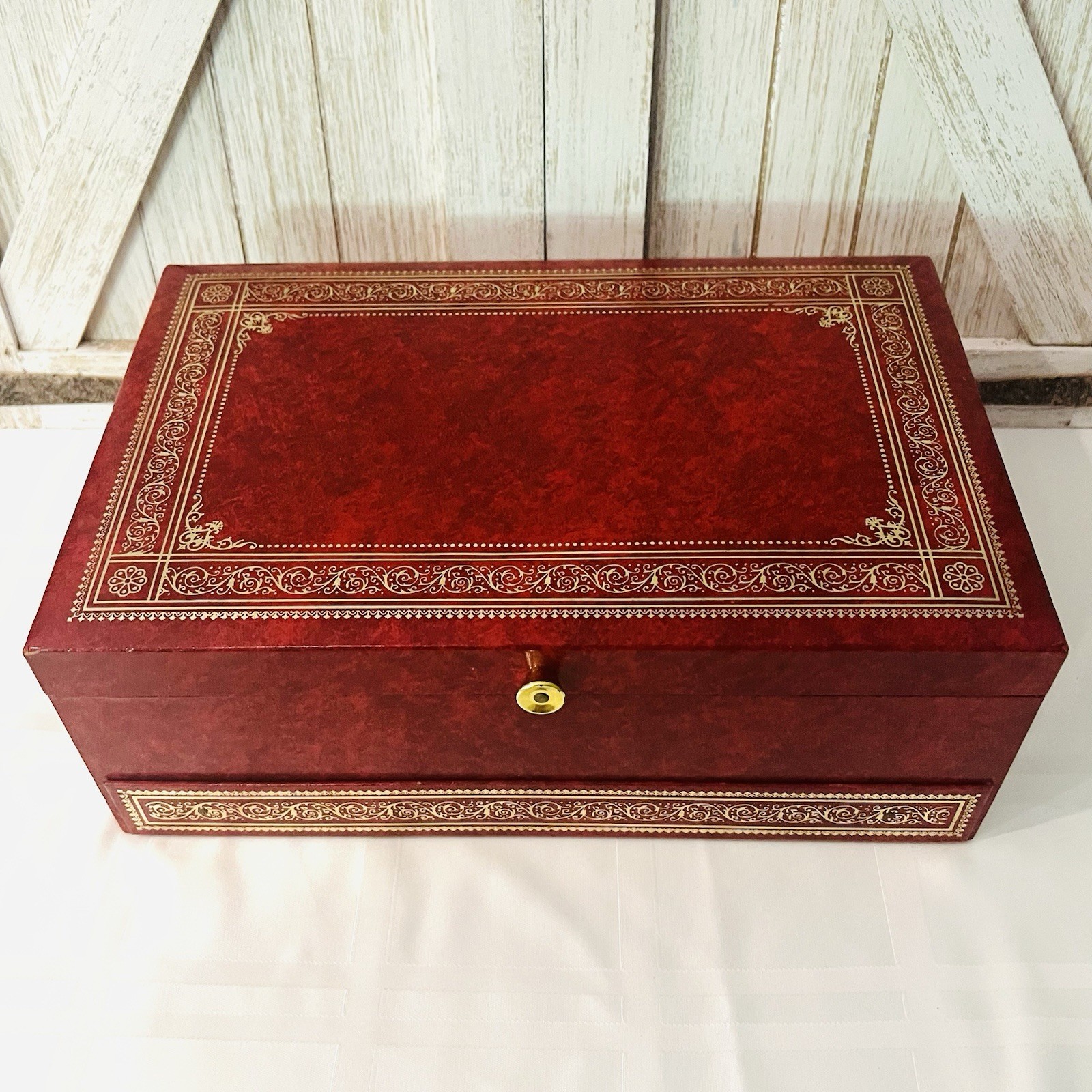Vintage Mele Jewelry Box Lift Top 3-Tier Storage Organizer 12” x 8” Red & Gold