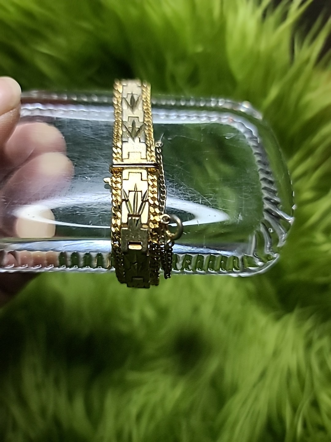 Vintage Bracelet Heavy Gold Plated Textured Diamond Cut Design with Safety Chain