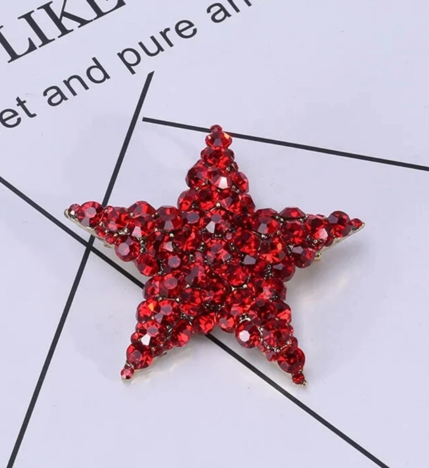 RED CRYSTAL RHINESTONE GOLD STAR PIN BROOCH PENDANT~CHRISTMAS HOLIDAY GIFT