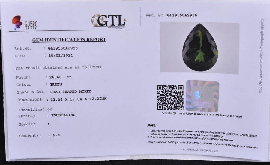 26.60 Cts Natural Green Tourmaline GTL Certified Huge Size Sparkling Gemstone