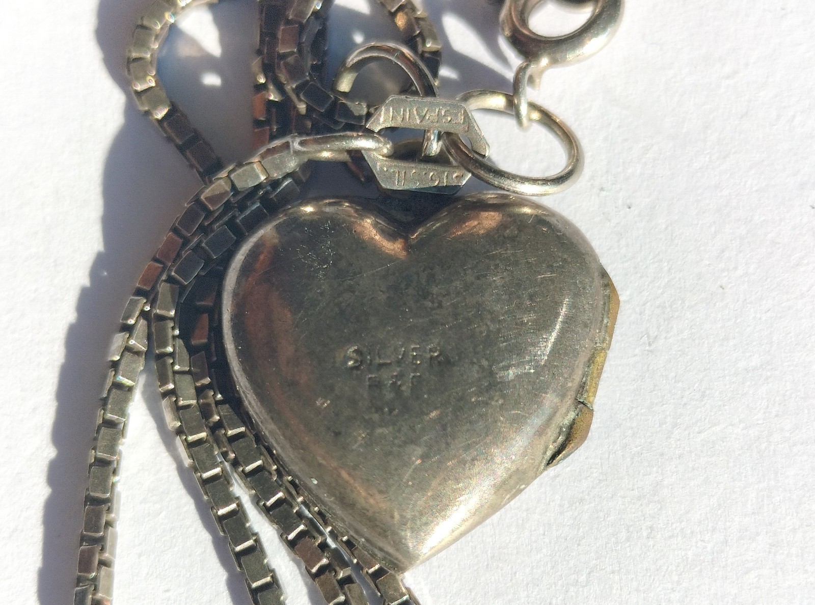 Antique Handmade Silver Locket Pendant Heart Shape on 46cm Silver Chain SPAIN 7g