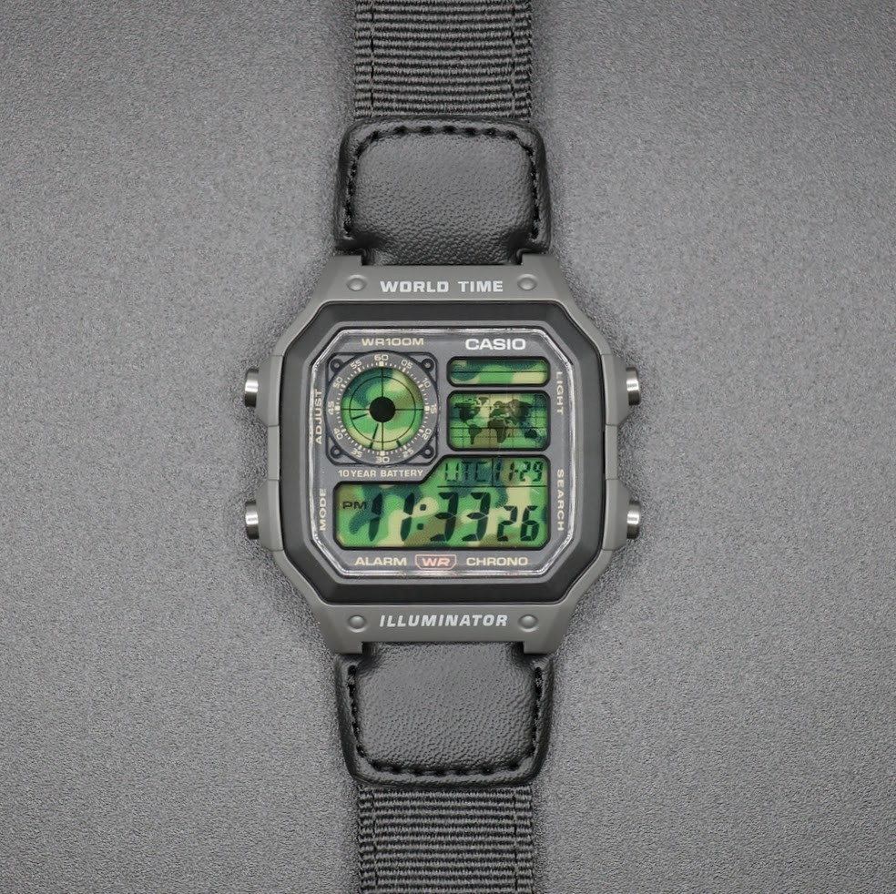 Army Green Camo| Casio Digital Sport Royale AE-1200WHUB | World Time Watch | Mod