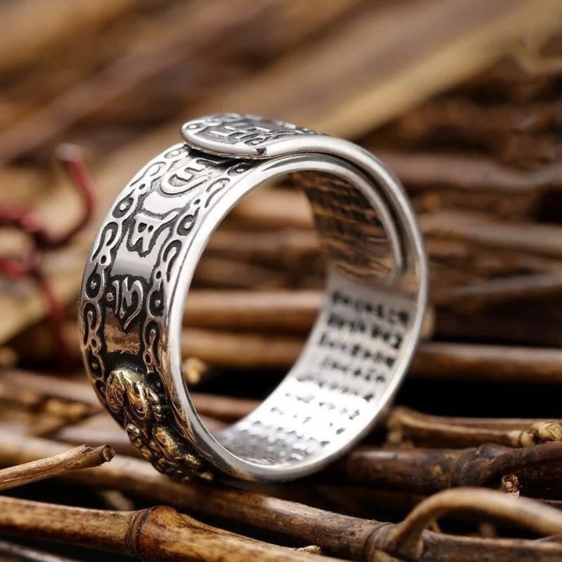 Feng Shui Pixiu Adjustable Ring Silver Plated Buddhist Mantra LuckyAmulet Unisex