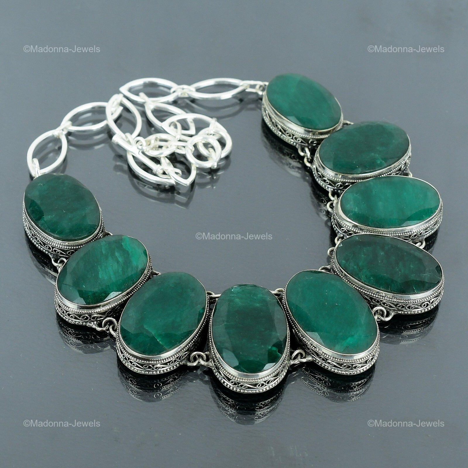 Zambian Emrald Gemstone Bezel Vintage Chain Necklace Jewelry 925 Sterling Silver
