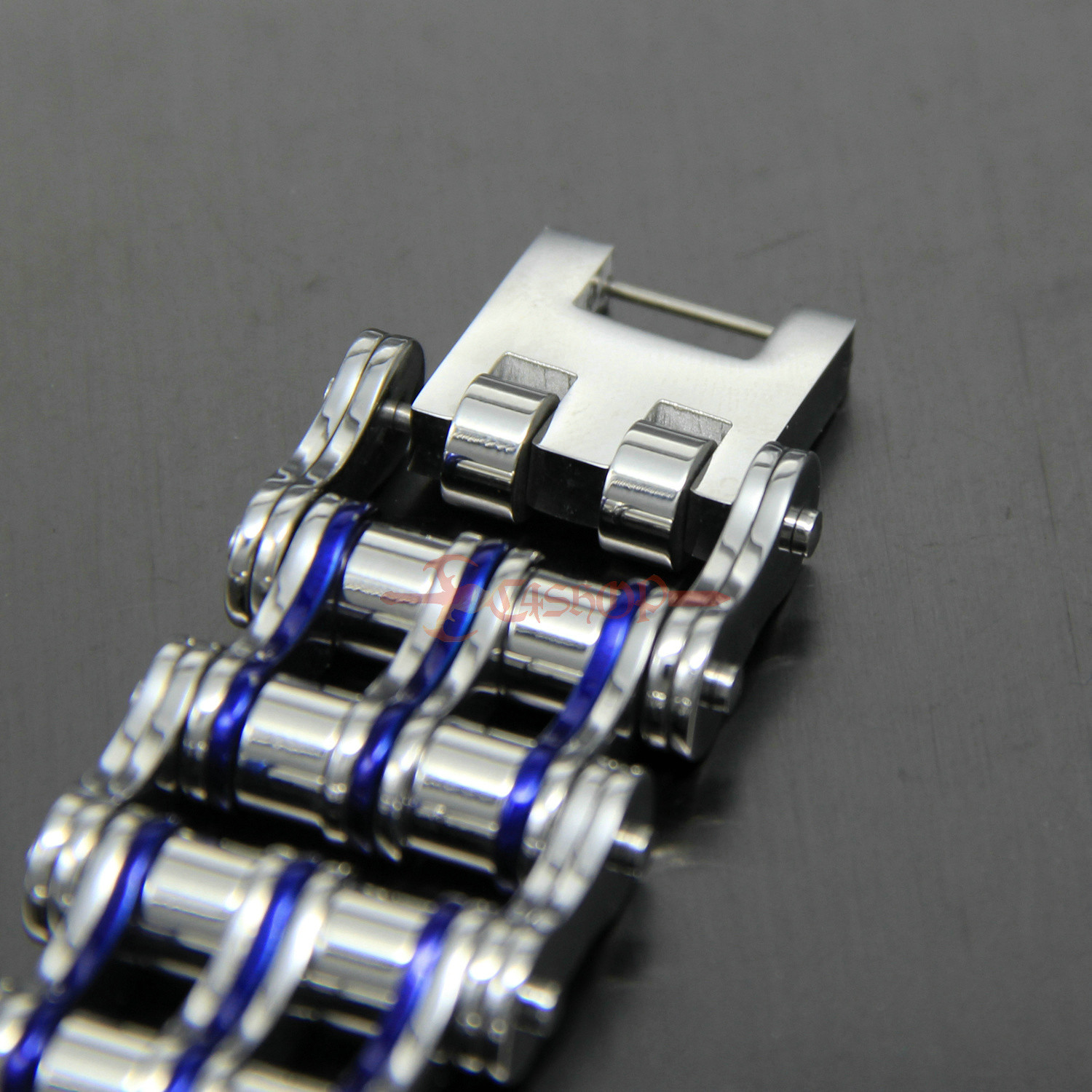 Men’s Heavy Stainless Steel Motorcycle Bike Chain Bracelet Silver/Blue 27mm Wide