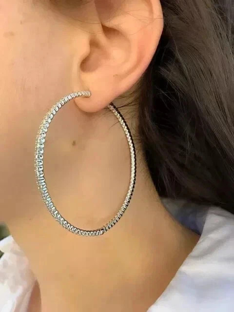 4.00 CT Round Diamond Sterling Silver Lab Created Large Hoop Huggies Earrings