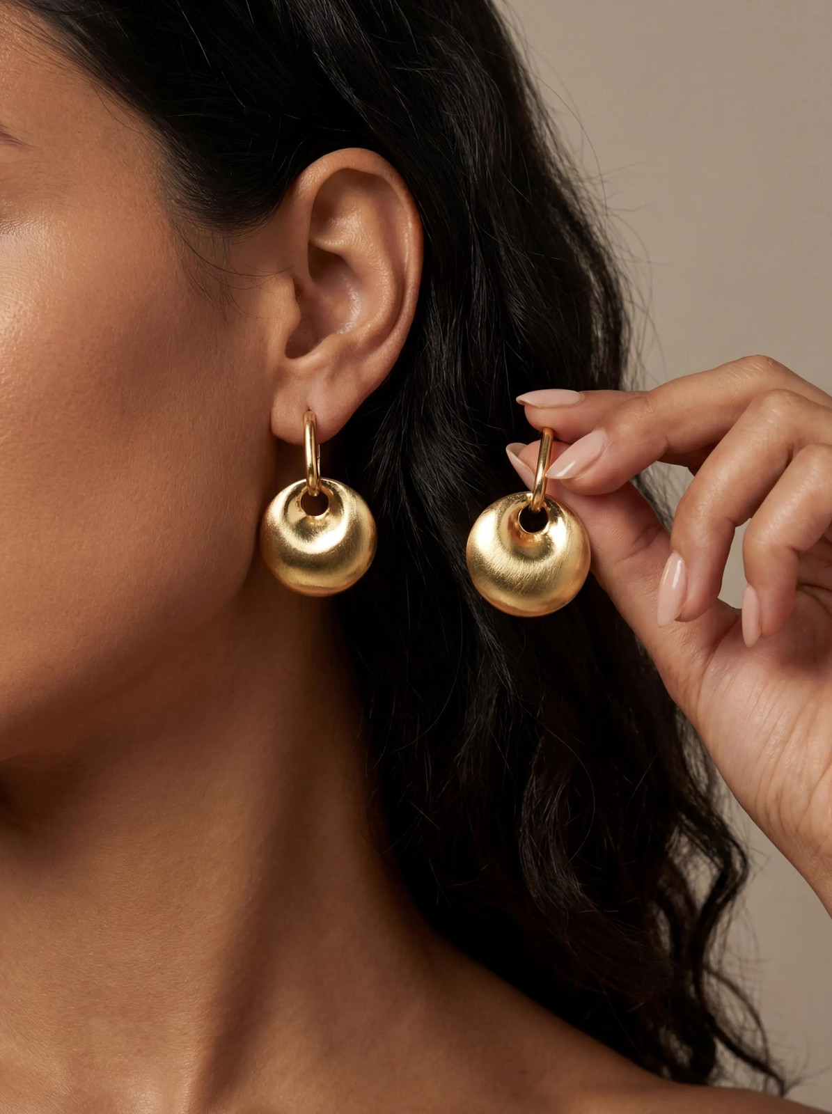 Gold Donut Hoop Earrings Brushed Satin Disc Drop Modern Minimalist Statement