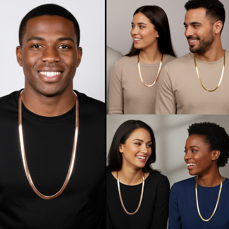 14K Gold Chain Necklace Herringbone 11mm 30″In | Silver & Rose Gold Plated Snake