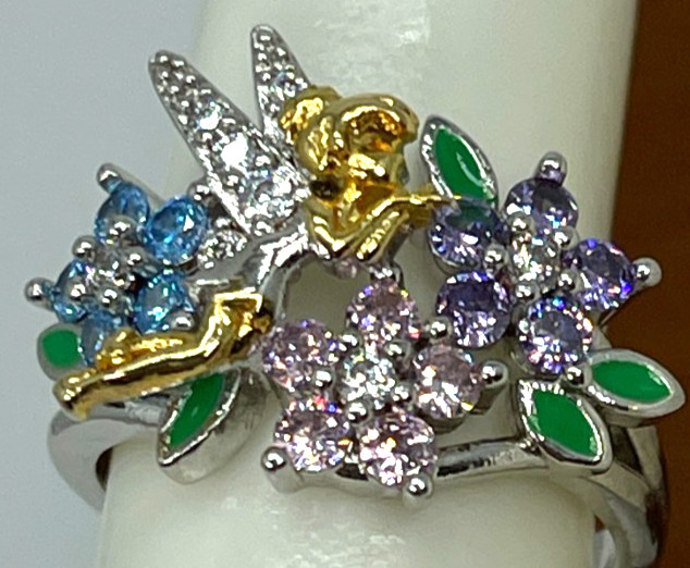 Ring Silver Tone Multi-Color Crystal Flowers w/Gold & Silver Flying Fairy Size 6
