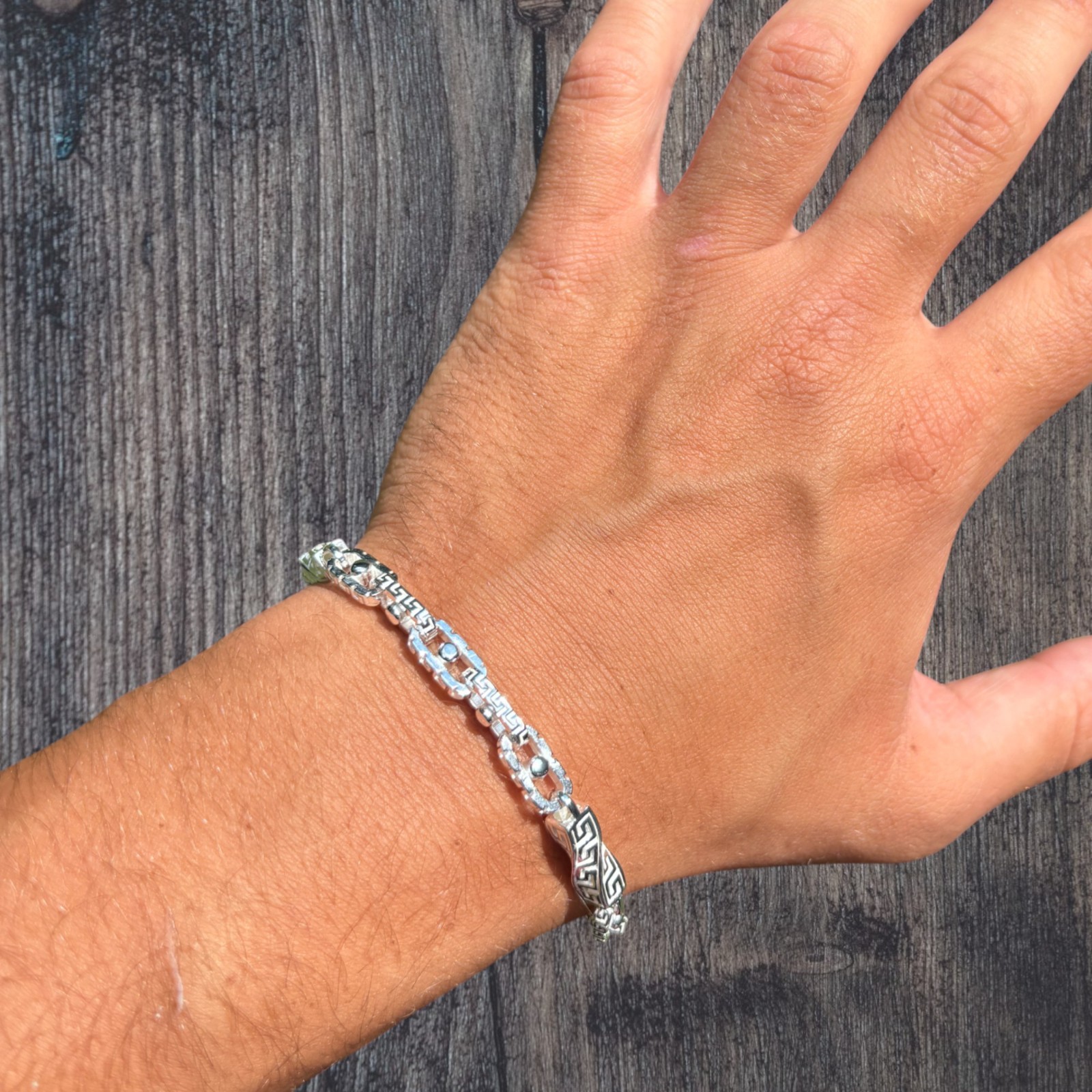 7mm Greek Key Rolo Link Bracelet – Real Solid 925 Sterling Silver MADFE IN ITALY
