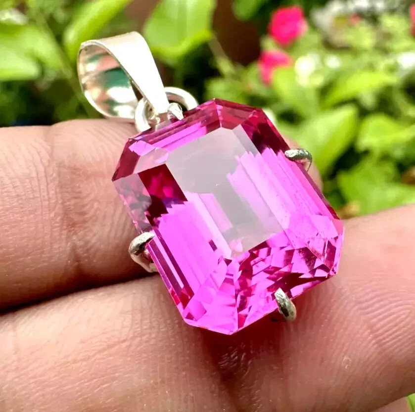 23.14 Ct A++ Natural Pink Sapphire Emerald Cut 925 Solid Silver Pendant Gemstone