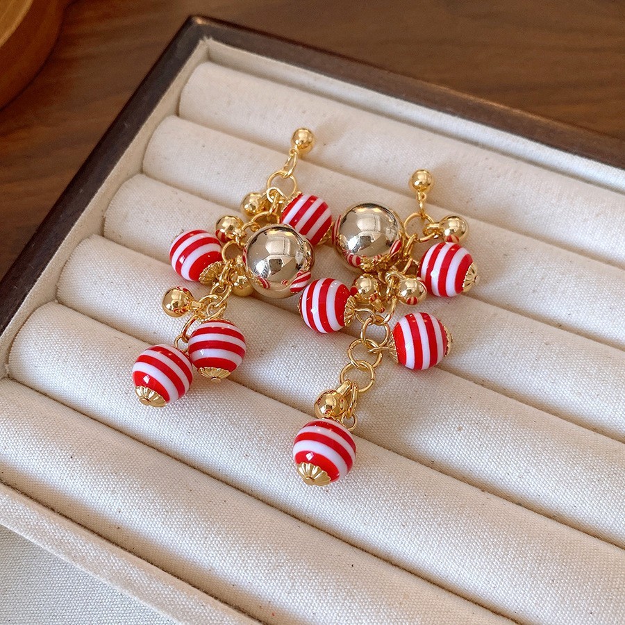 Red White Striped Candy Tassel Gold Plated Ball Chandelier Dangle Drop Earrings
