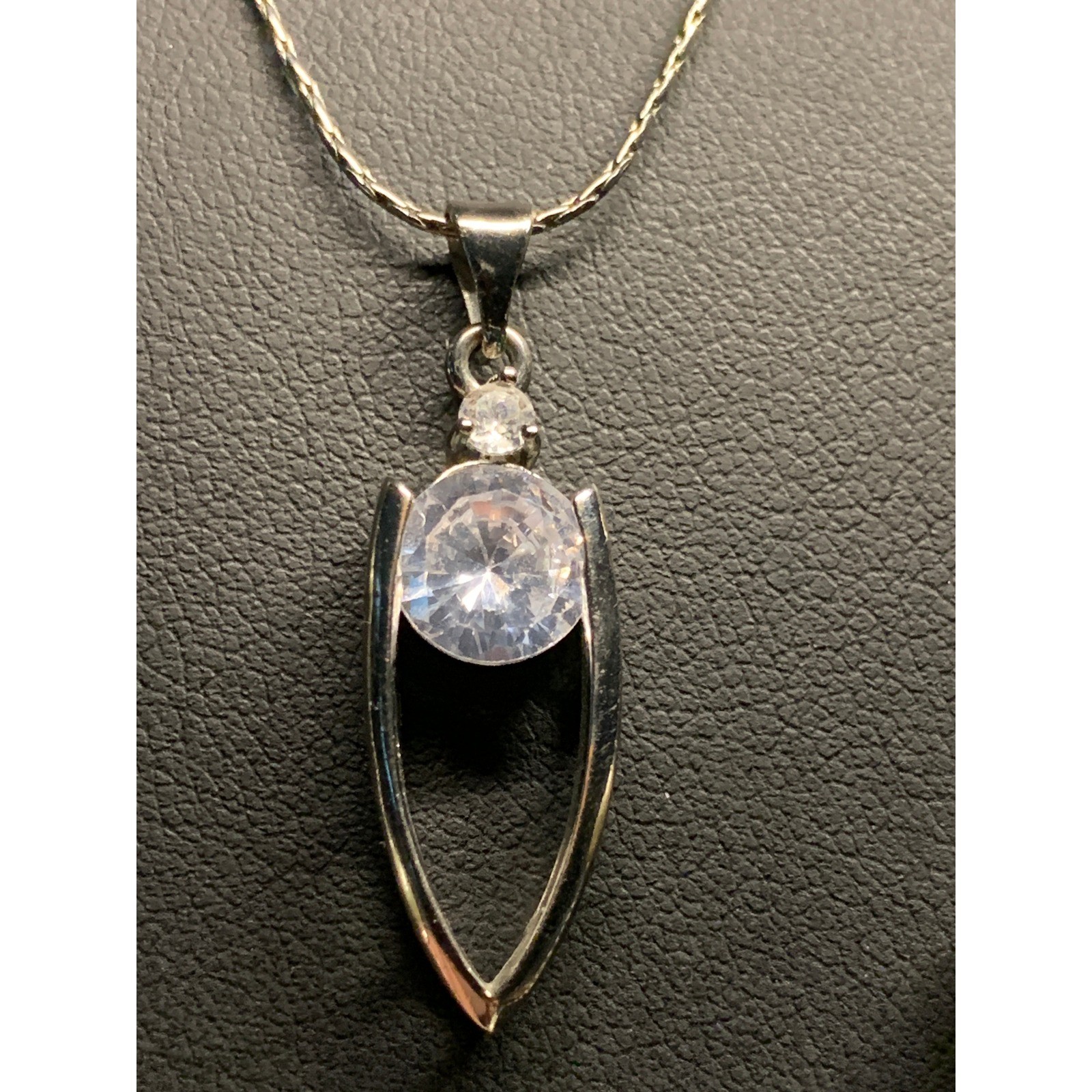 Silver Tone Layered Necklace Set Faux Pearl Station & CZ Solitaire Pendant